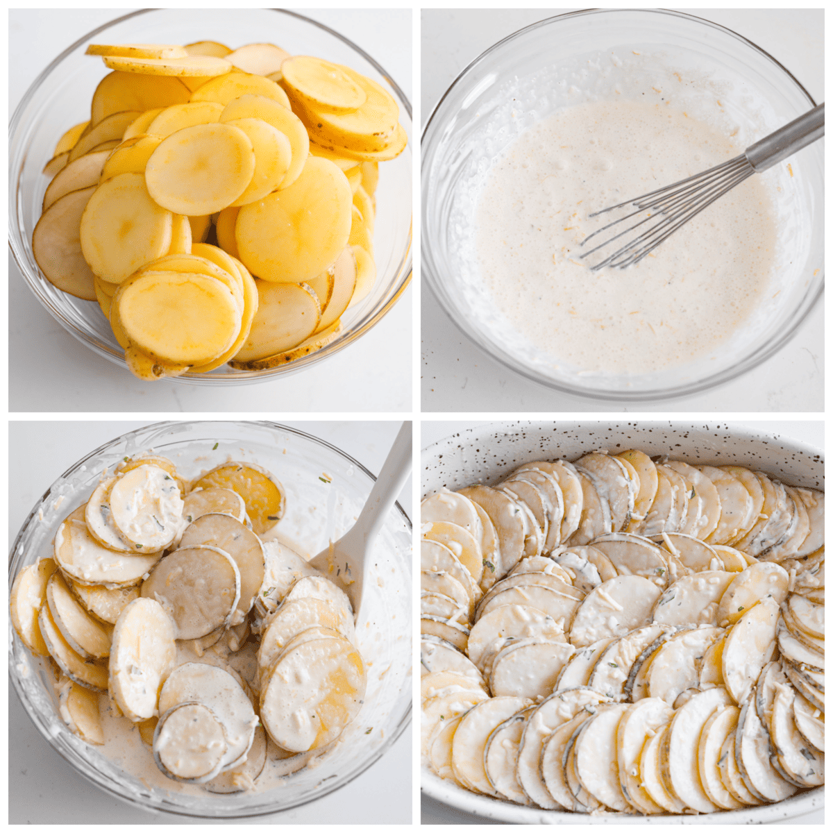 Creamy and cheesy au gratin potatoes are the perfect side dish to any comforting meal. Tender sliced potatoes baked in a rich and flavorful sauce with a golden layer of melty cheese on top. No one will be able to resist these heavenly potatoes. First process photo of sliced potatoes in a bowl. Second process photo of sauce in a bowl. Third process photo of sauce mixed with potato slices. Fourth process photo of potatoes layered in a baking dish.