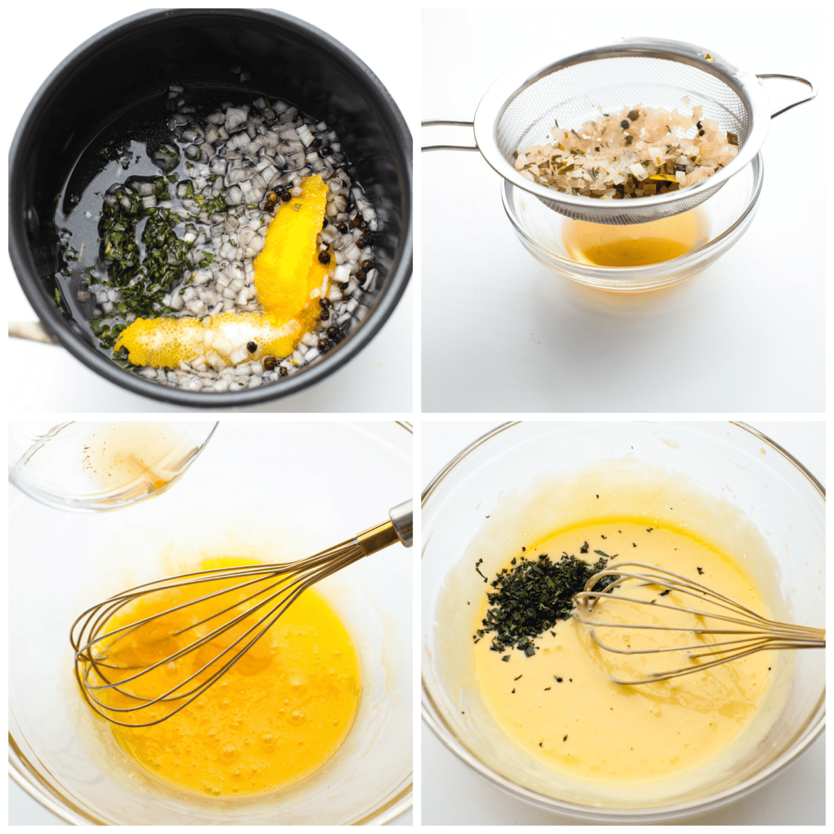 A creamy French steak sauce that you'll want to put on everything! Bearnaise sauce is a tasty variation of hollandaise, infused with shallot, tarragon, and lemon! 4-photo collage of sauce being prepared.