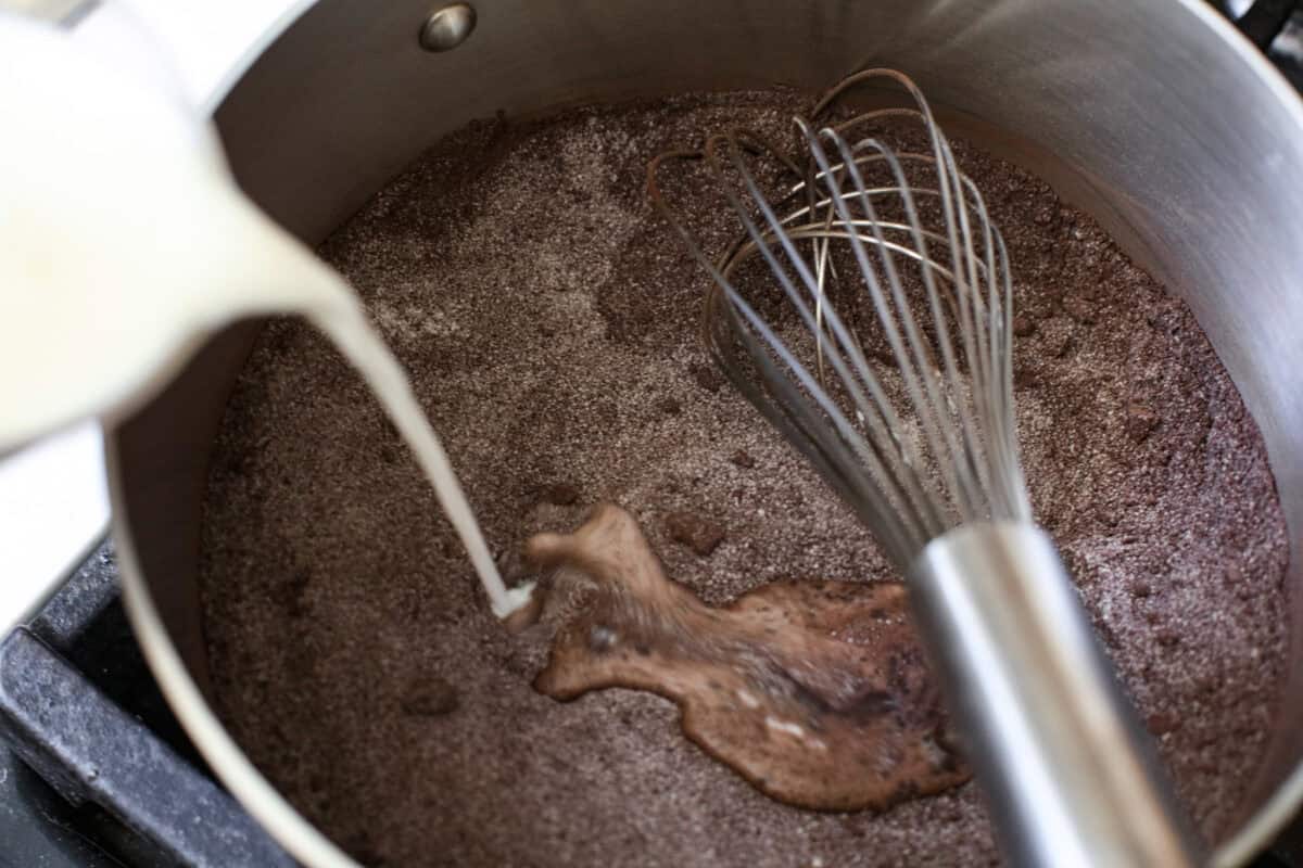 This delicious black frosting is fun to make for special occasions, especially for Halloween, seasonal treats, and desserts. It's made with black cocoa powder, which tastes just like Oreo's! The best part is that it won't dye your mouth, hands, or clothing! It's the perfect frosting for witchy cakes and other dramatic parties. Overhead shot of someone whisking milk into the sugar mixture.
