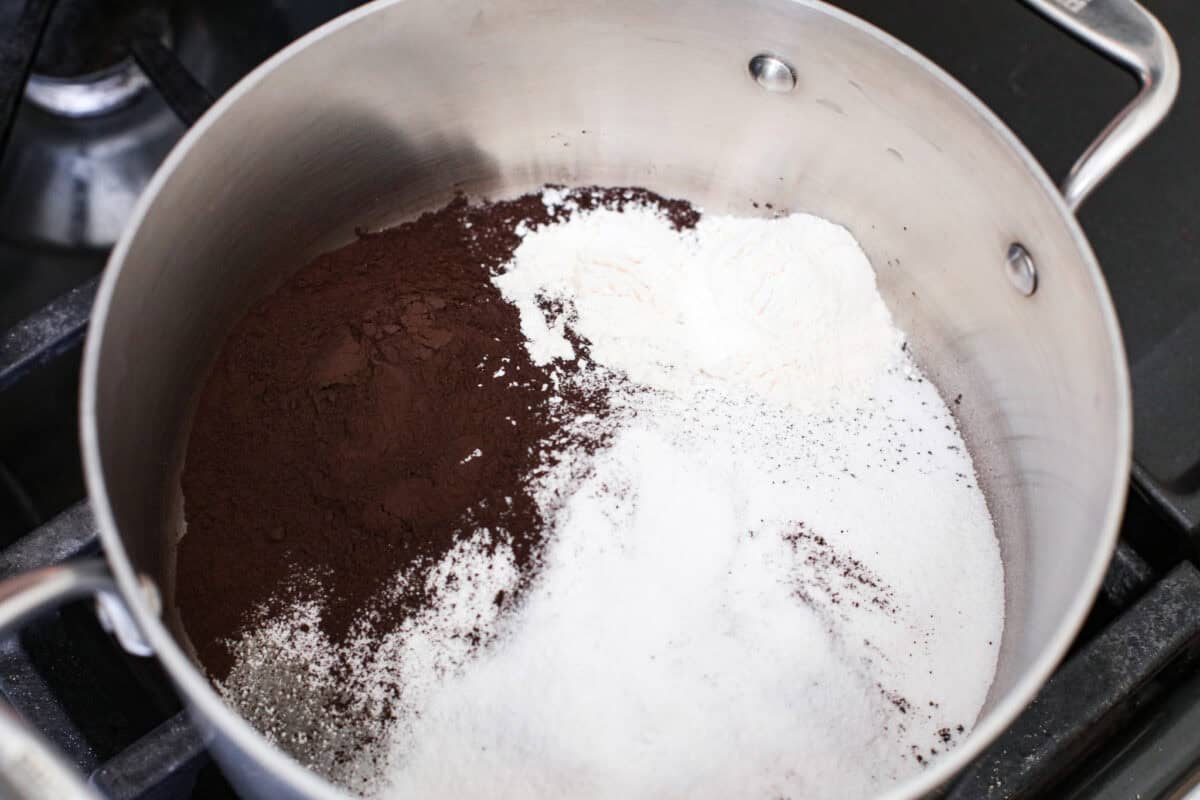 This delicious black frosting is fun to make for special occasions, especially for Halloween, seasonal treats, and desserts. It's made with black cocoa powder, which tastes just like Oreo's! The best part is that it won't dye your mouth, hands, or clothing! It's the perfect frosting for witchy cakes and other dramatic parties. Overhead shot of sugar, black cocoa powder, and flour in a pan.