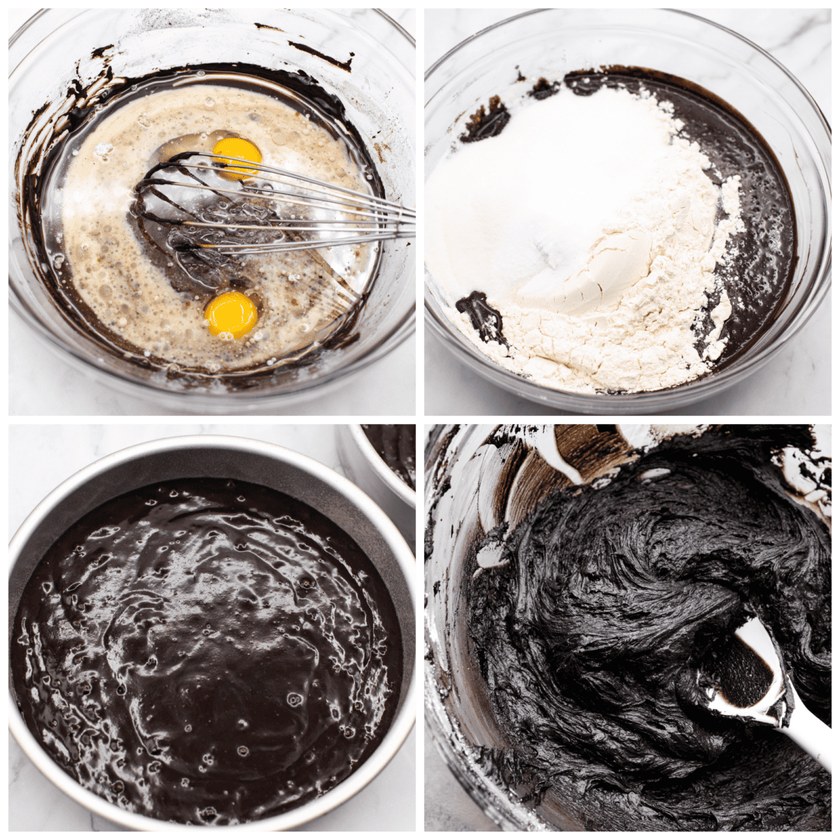 Come to the dark side with this gorgeous black velvet cake! Not only is it a showstopper and perfect for any Halloween party, but supremely moist and delicious to boot! Each bite is loaded with the most amazing cocoa flavor. 4-photo collage of the cake batter being mixed together.