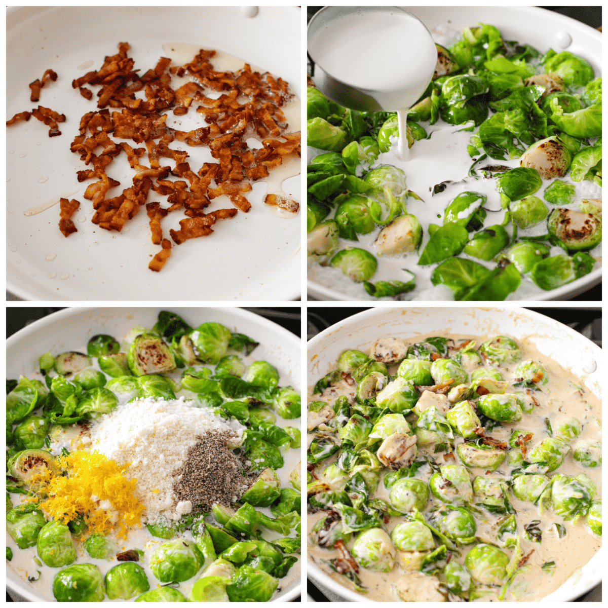 Cheesy and savory Brussels Sprout Casserole is easy to make and perfect for family dinners or holiday meals! Tender, crisp brussels sprouts are combined with pine nuts, bacon and cheese and baked until tender and golden brown. This side dish pairs with a variety of mains and is sure to be a hit! 4-photo collage of bacon, Brussels Sprouts, sauce, and cheese being added to a baking dish.