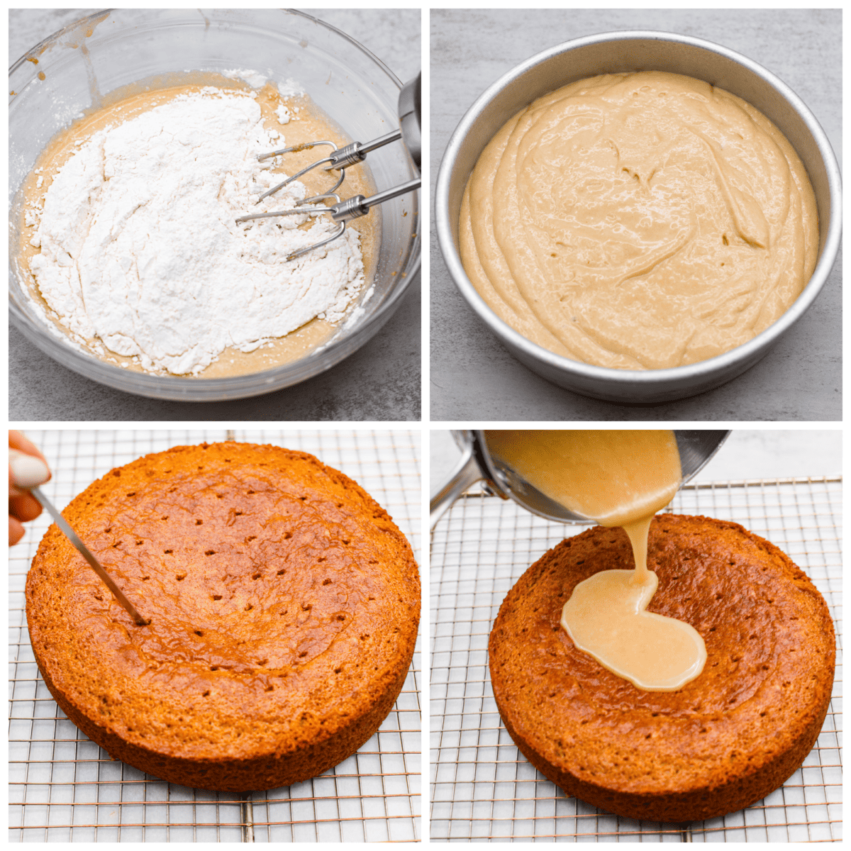 Comforting and delicious with an extra moist crumb, this Buttermilk Cake is the perfect dessert for any occasion!ย To make it really decadent, finish it off with an absolutely irresistible brown sugar vanilla glaze. Serve this at your next family gathering or potluck and watch the rave reviews come pouring in! 4-photo collage of the cake batter and glaze being prepared.