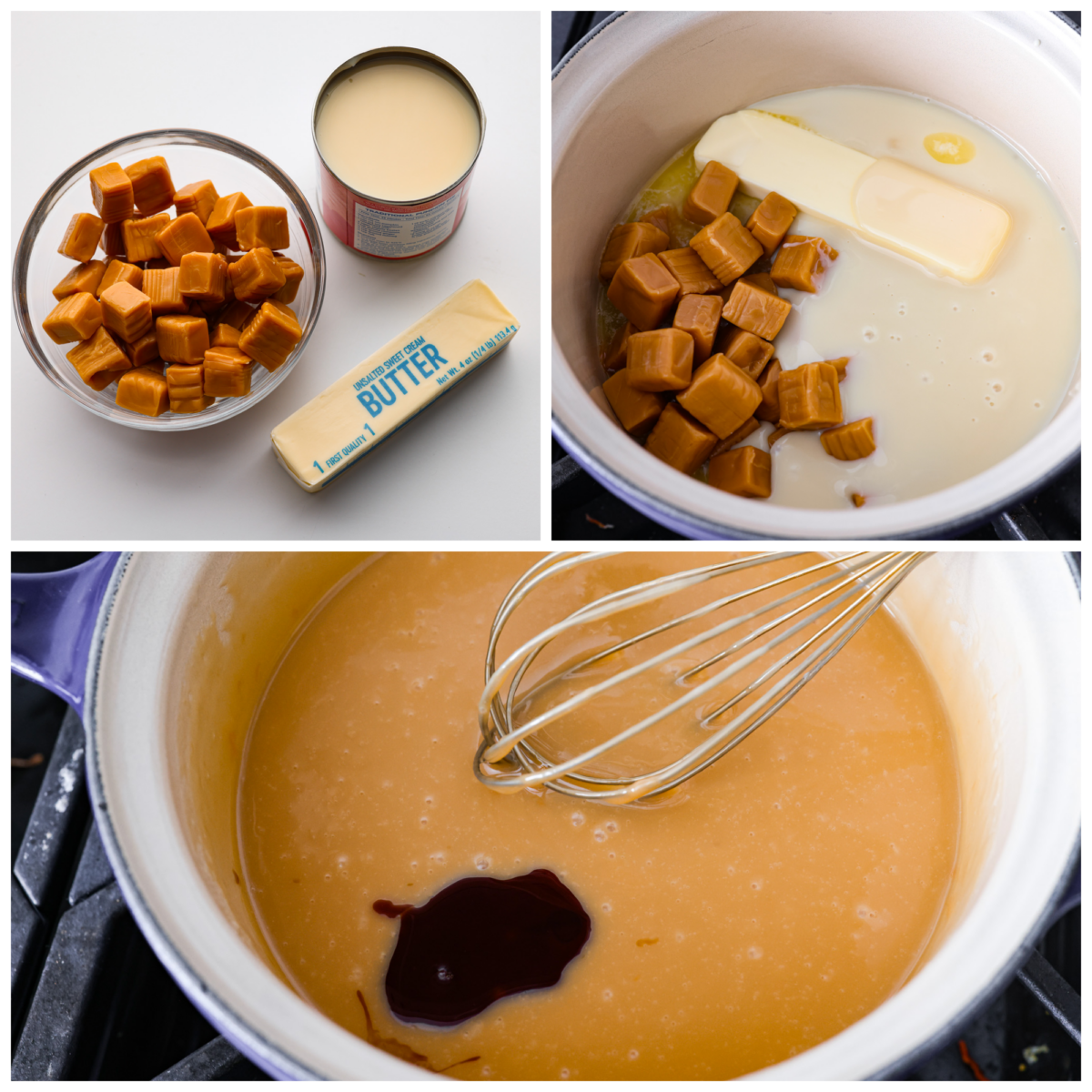 A classic fall treat made into a dip to share! In this caramel apple dip recipe, butter, caramels, and condensed milk get melted together to create the most indulgent treat. It's heavenly! 3-photo collage of caramels, condensed milk, and butter being whisked together.