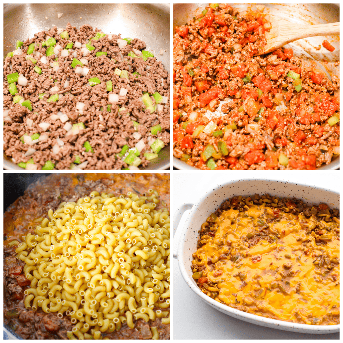 Cheeseburger Casserole has all of those delicious cheeseburger flavors in one easy-to-make dish! Loaded with ground beef, veggies, dill relish, pasta and plenty of cheese, all baked together for a comforting family-friendly dinner. 4-photo collage of the ground beef being browned and then combined with veggies, pasta, and cheese.