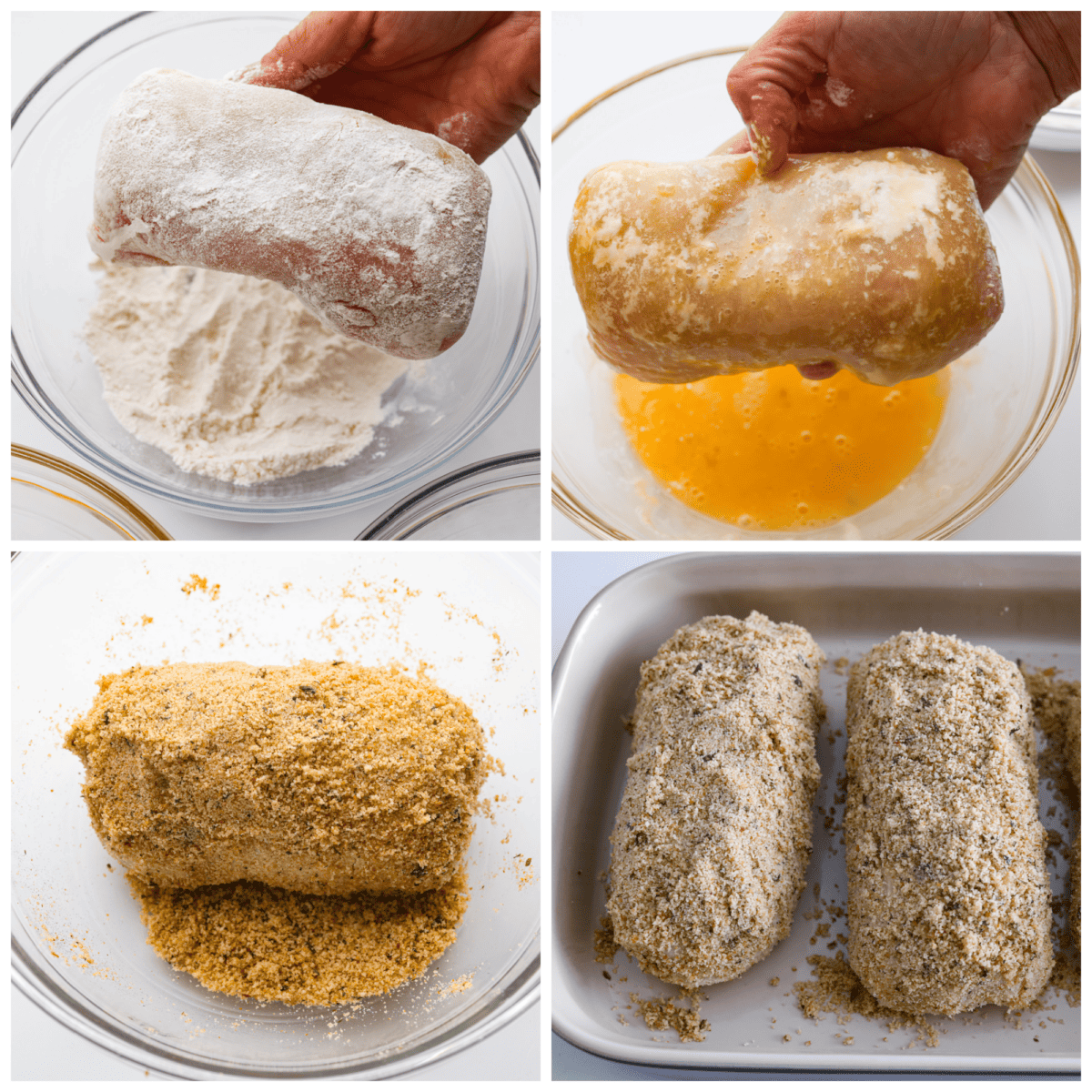 Chicken cordon bleu has a delicious layer of ham and cheese wrapped inside succulent crumb-coated chicken breast. Drizzled with mustard cream sauce, this oven-baked chicken is a classic French recipe your family will love! First photo of chicken rolled in the flour mixture. Second photo of the chicken rolled in butter. Third photo of chicken rolled in the breadcrumb mixture. Forth photo of the chicken placed in a baking dish.