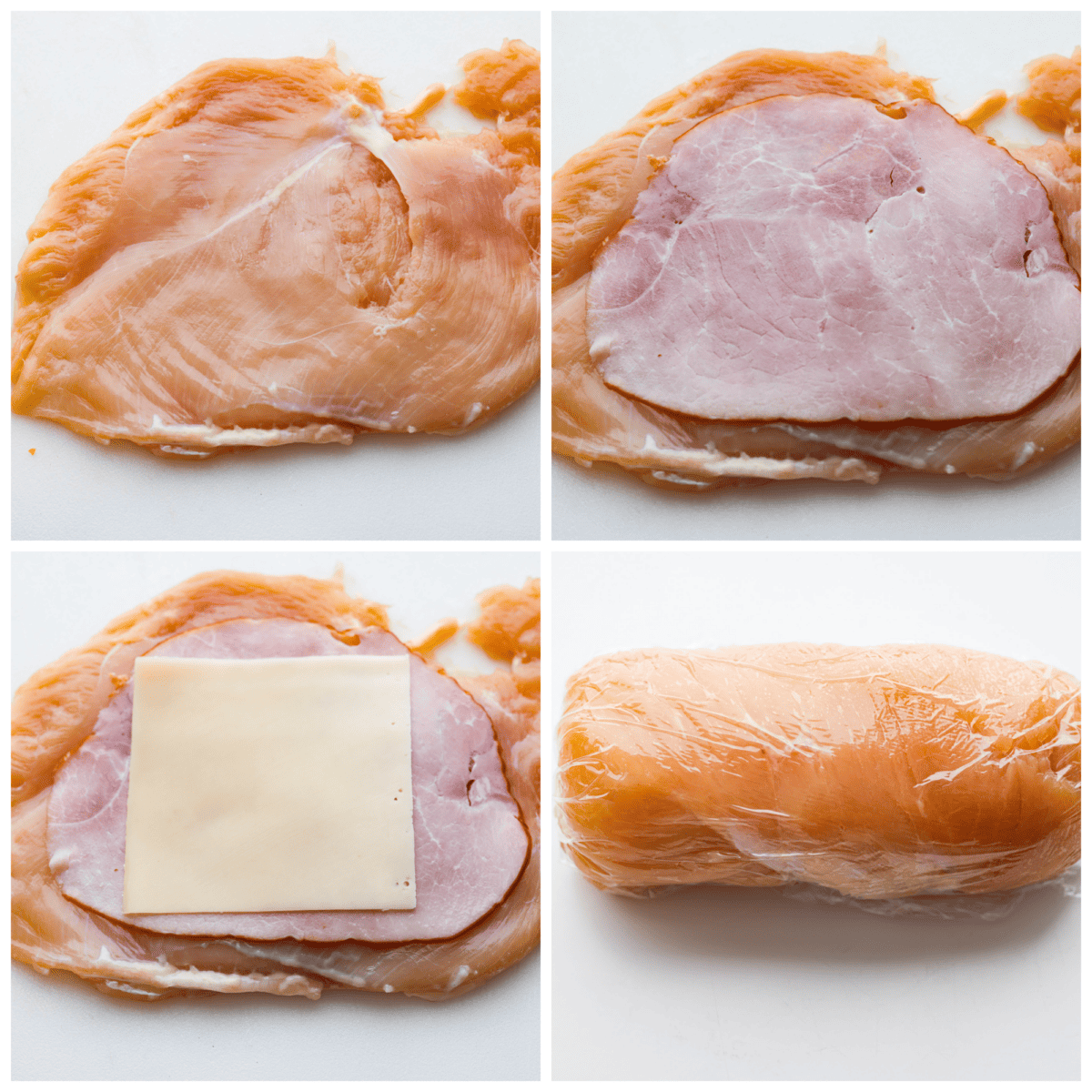 Chicken cordon bleu has a delicious layer of ham and cheese wrapped inside succulent crumb-coated chicken breast. Drizzled with mustard cream sauce, this oven-baked chicken is a classic French recipe your family will love! First photo of chicken pounded thin. Second photo of ham layered on top of the chicken. Third photo of cheese layered on the ham. Fourth photo of chicken rolled into a log and wrapped in plastic wrap.