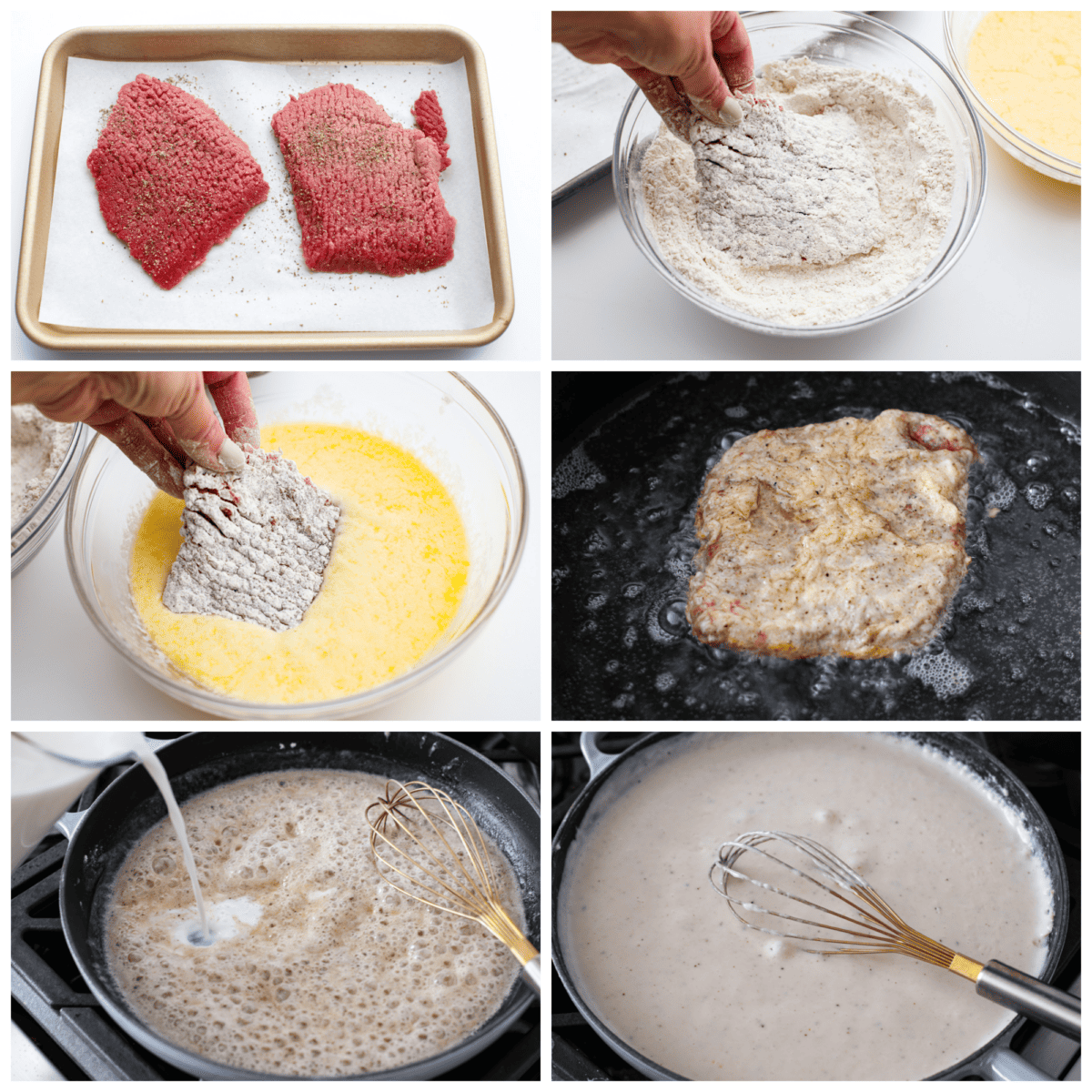 Chicken Fried Steak. The ultimate in Southern comfort food! Tender seasoned steak, coated in a thick batter and fried until golden brown with a creamy gravy drizzled on top. Simple, basic ingredients are all that is needed to bring this recipe to life in your own kitchen! Breading and frying the steaks, then preparing the gravy.