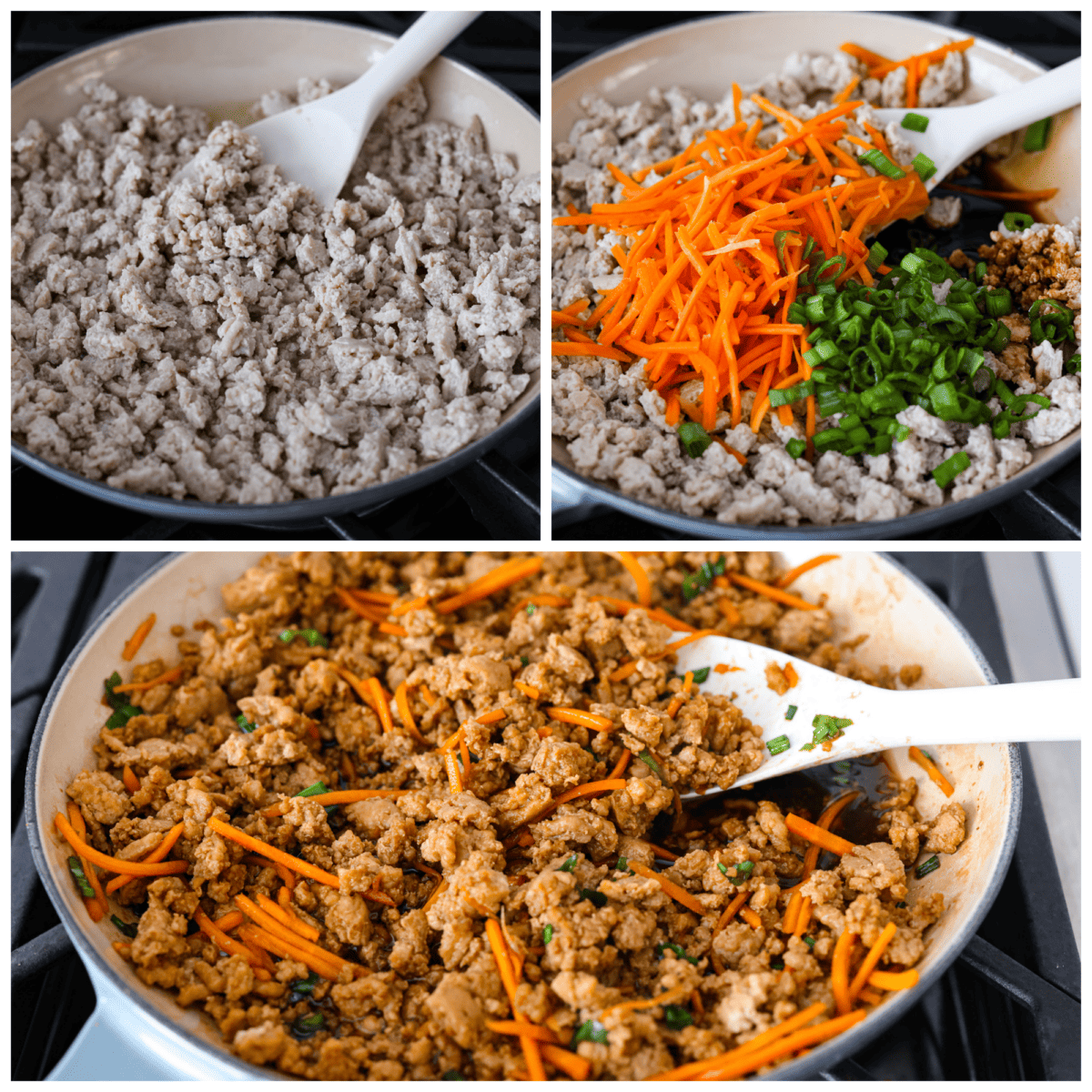 Healthy and easy, these Chicken Lettuce Wraps are so fresh and delicious! They're ready in under 30 minutes with a juicy chicken filling and crispy butterhead lettuce. 3-photo collage of the chicken being cooked together with the sauce and vegetables.