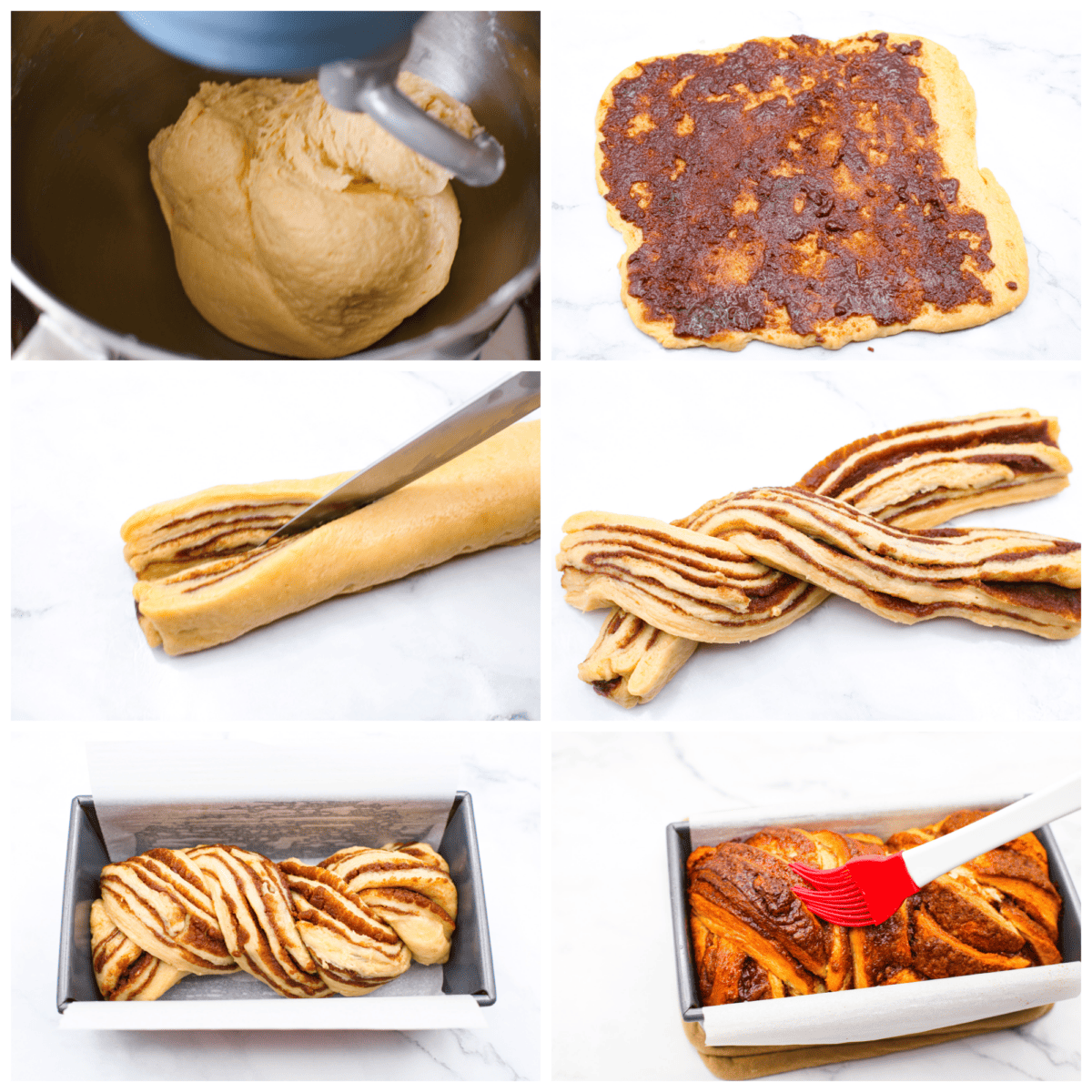 Delicious Cinnamon Babka is rich, buttery bread with swirling ribbons of cinnamon sugar, topped off with aย sweet syrup topping. Tender, soft, and perfectly sweet, this loaf is a welcome treat for any occasion! 6 photos showing how to make the dough, twist it and add the filling.