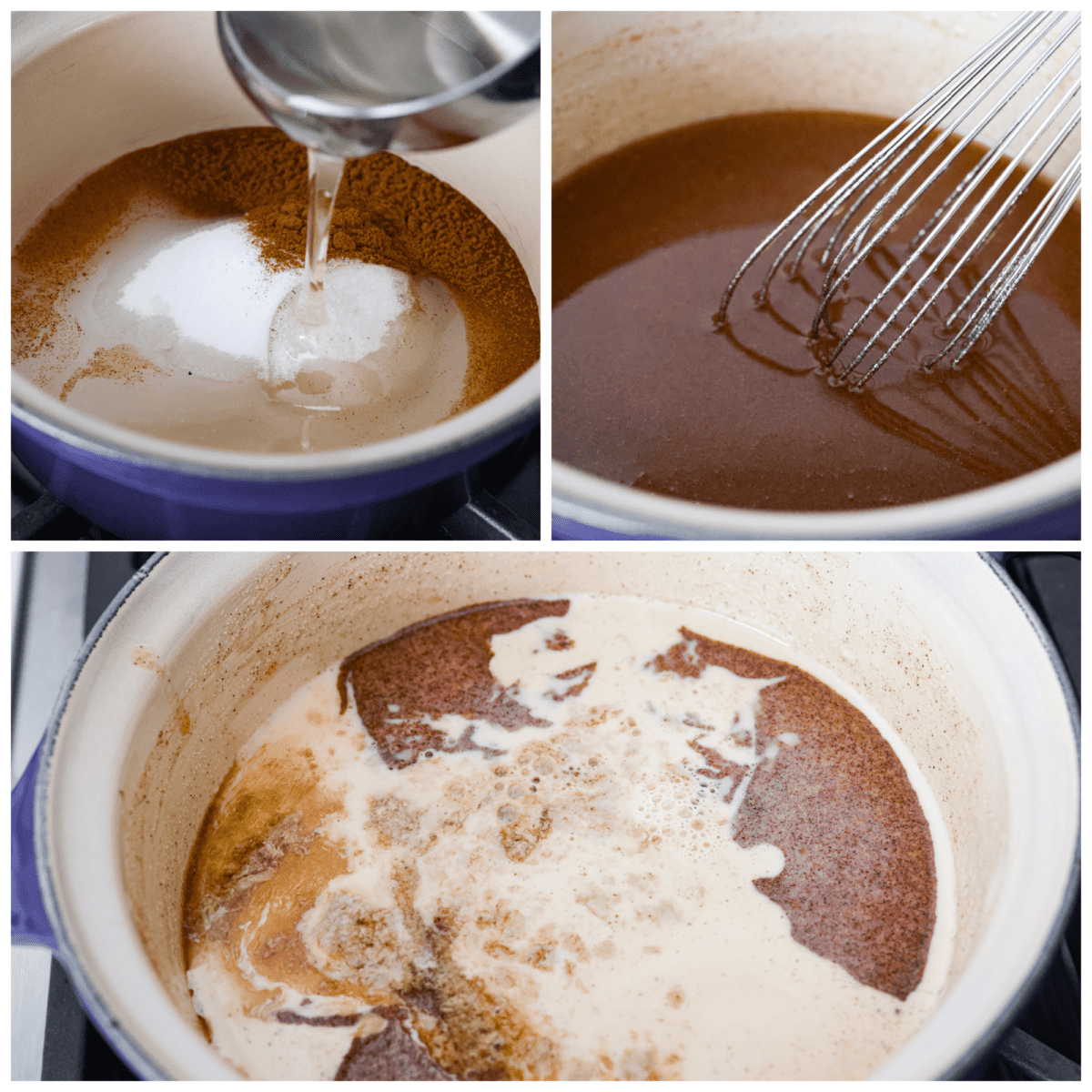 Cinnamon Syrup is the best way to take your pancakes to the next level! It's creamy and buttery and adds delicious cinnamon roll flavor to pancakes, waffles, or anything else you want to sweeten up! Overhead process shots of cinnamon syrup cooking on stovetop.