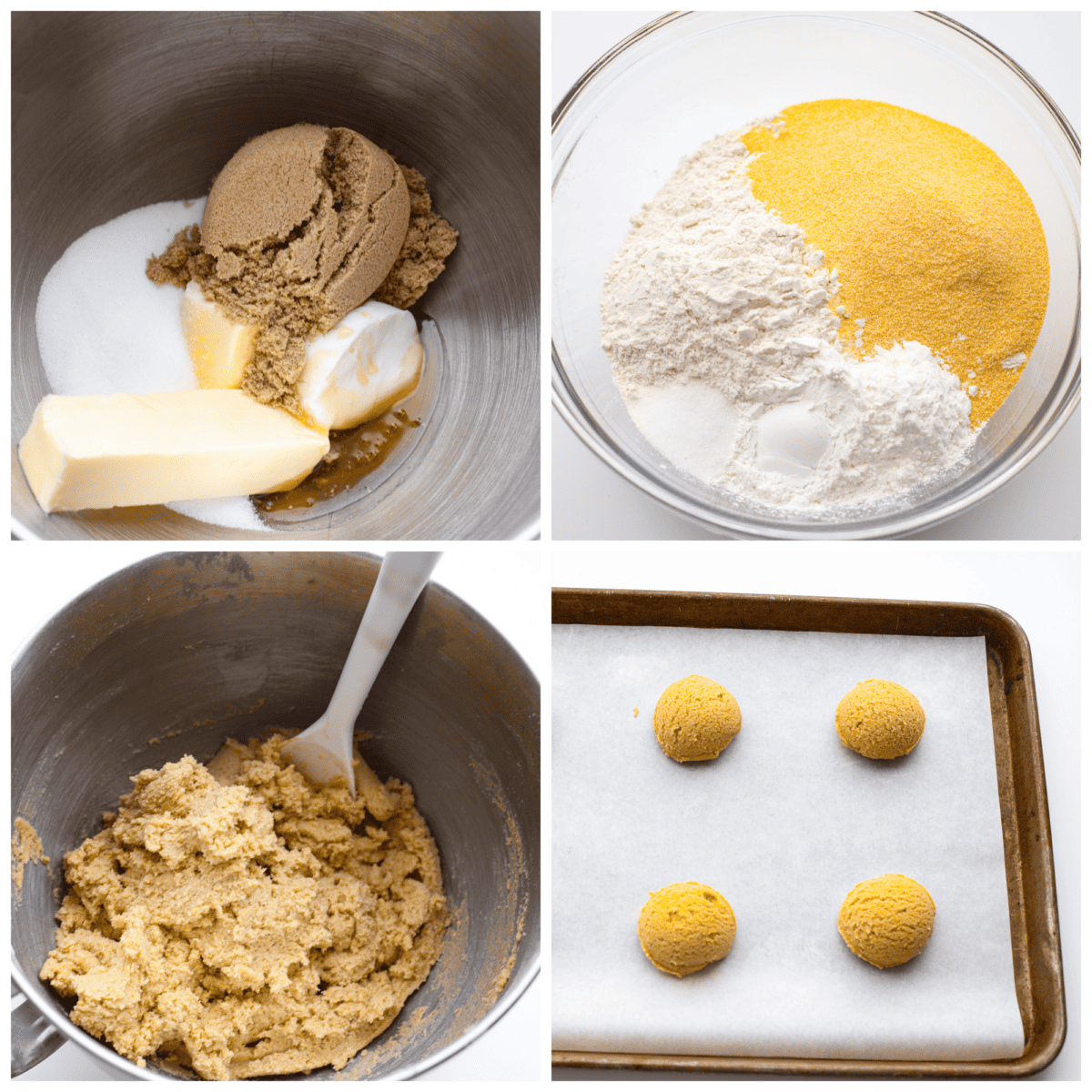 Sweet and buttery cornbread cookies are my favorite cookie Crumbl makes, and I knew I had to recreate this dream cookie. The texture of the cornmeal, the honey butter frosting, and the honey drizzled on top... it all melts in your mouth! First photo of butter, shortening, and sugars added to a mixing bowl. Second photo of dry ingredients in a bowl. Third photo of cornbread cookie dough mixed in a large bowl. Fourth photo of dough balls on a baking sheet.