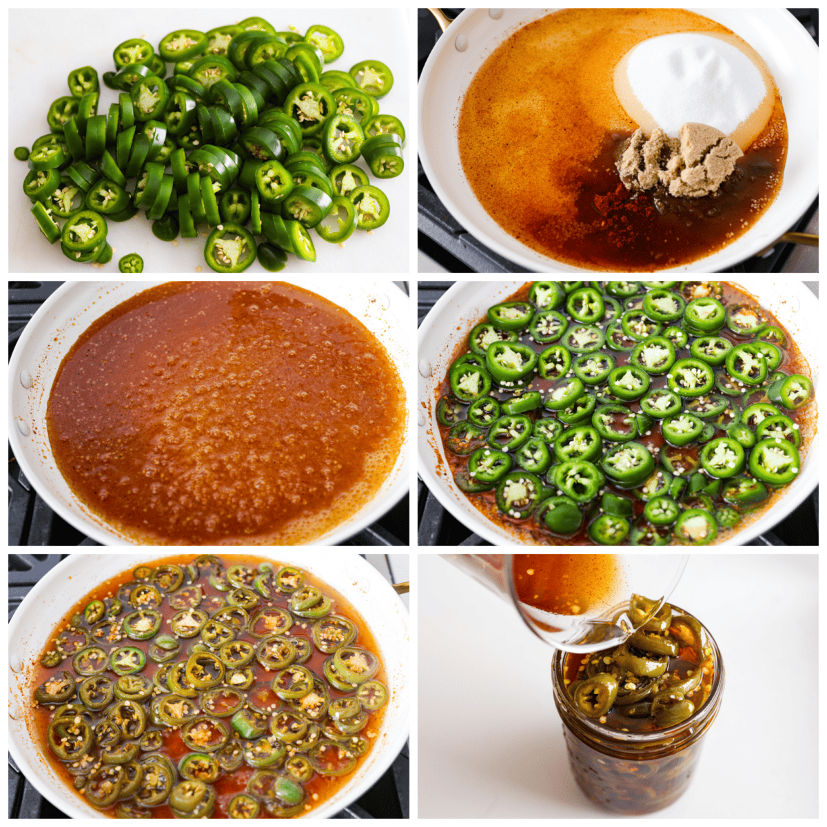 Cowboy candy is a spicy and sweet condiment made from jalapeรฑo peppers. The jalapeรฑos are sliced and simmered in a mix of sugars, vinegar, and spices until they're glossy and deliciously zesty. They're the perfect addition to burgers, sandwiches, hot dogs, you name it! 6-photo collage of the jalapenos being sliced and cooked in a sugar mixture.