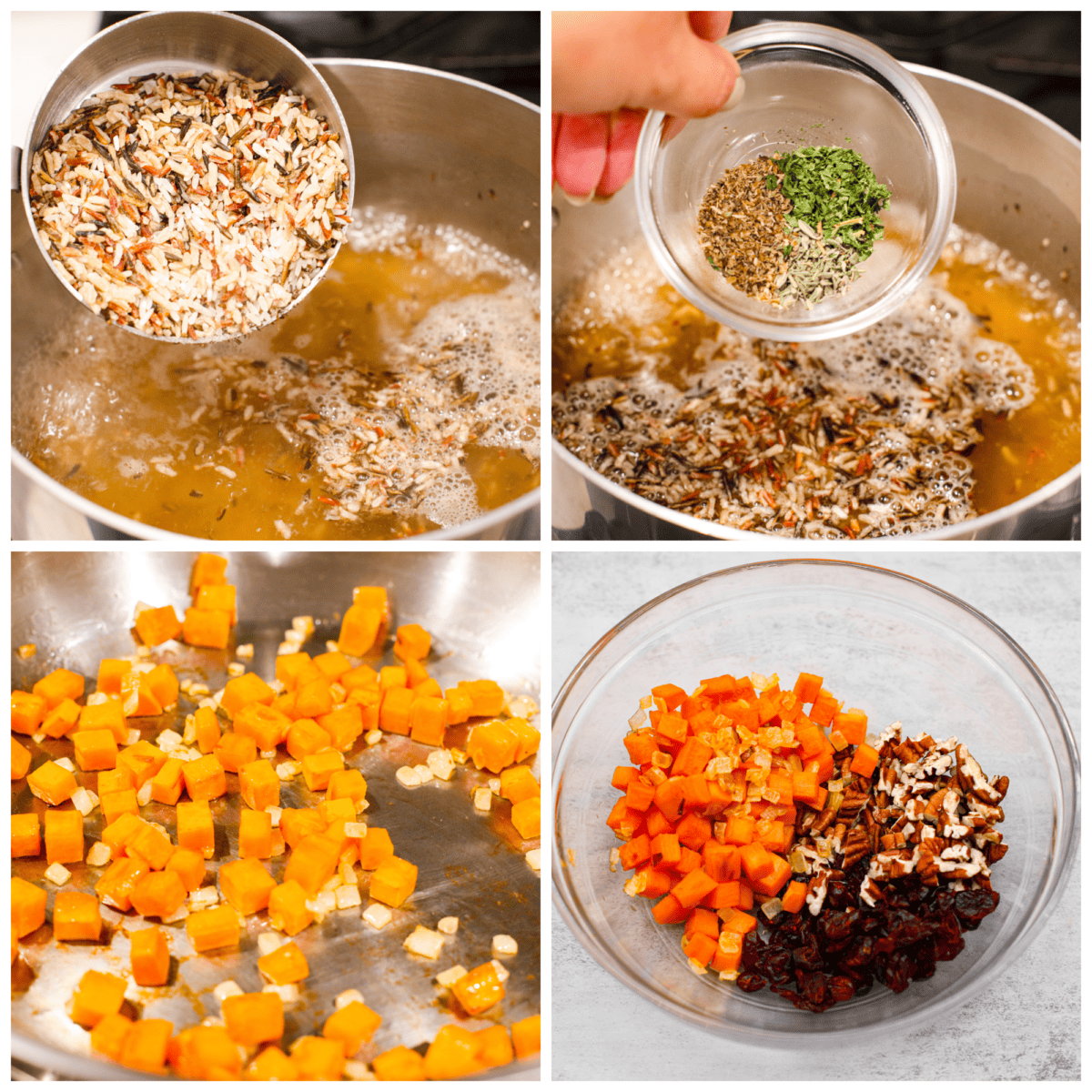 Cranberry pecan sweet potato wild rice pilaf is a perfect fall side dish infused with incredible flavors and textures. Crunchy pecans, cranberries, sweet potato, wild rice, and herbs come together in this tasty dish! First process photo of wild rice being added to a saucepan of broth. Second process photo of the herbs being added to the wild rice. Third process photo of the diced sweet potato and onions cooking in a skillet. Fourth process photo of the chopped pecans, craisins, and sweet potato in a bowl.