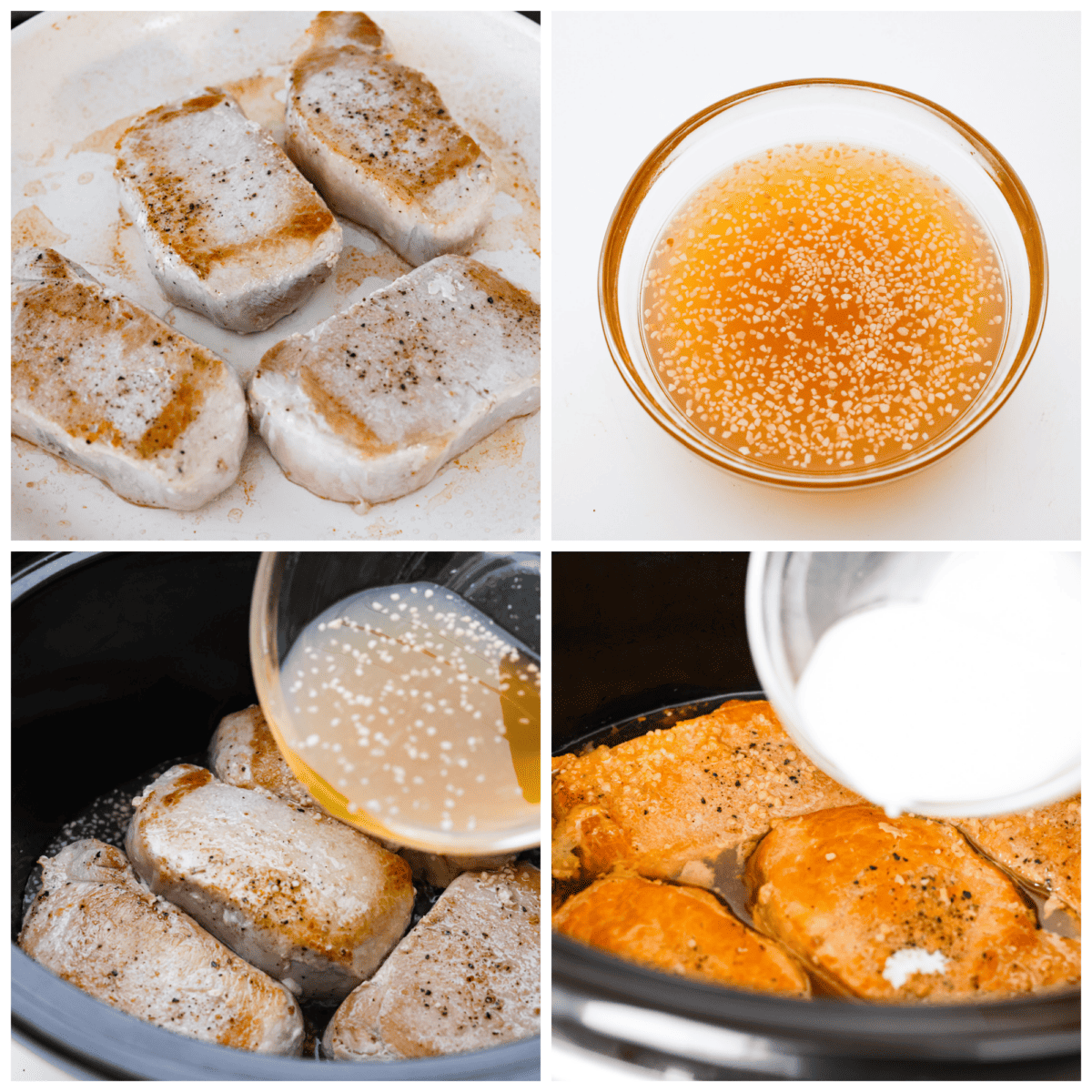 These slow cooker honey garlic pork chops are incredibly tender, they practically melt in your mouth! Cooked in a sweet and savory sauce, you won't be able to stop after one bite. 4-photo collage of the pork chops being seared and covered in sauce.