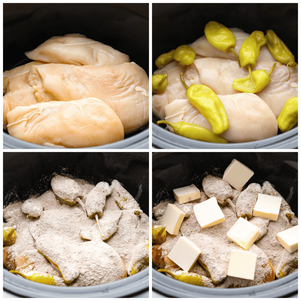 Crockpot Mississippi Chicken is all about fork-tender, juicy chicken that's bursting with flavor. You've got zesty pepperoncini peppers, ranch seasoning, au jus mix, and butter that slow cooks with it for some seriously amazing flavor. It's the perfect Southern comfort meal! 4-photo collage of chicken breasts being added to a Crockpot along with pepperoncinis, seasonings, and butter.