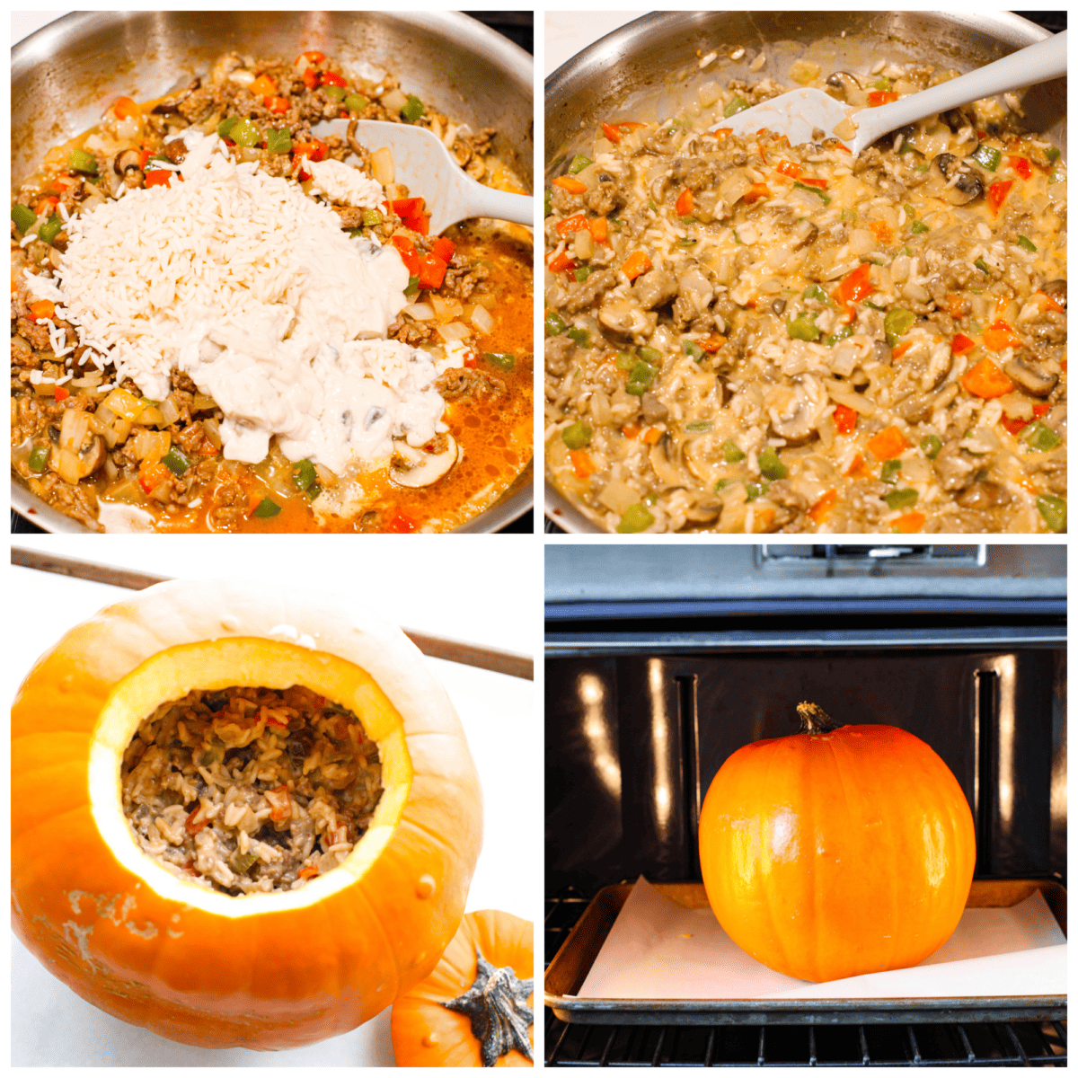 Take your spooky season celebrations up a notch with this festive dinner in a pumpkin! It’s filled with a creamy, savory sausage and rice pilaf that’s sure to be a hit with your family. So delicious, it’s scary. 4-photo collage of the rice and sausage mixture being prepared, added to the pumpkin shell, and then baked.