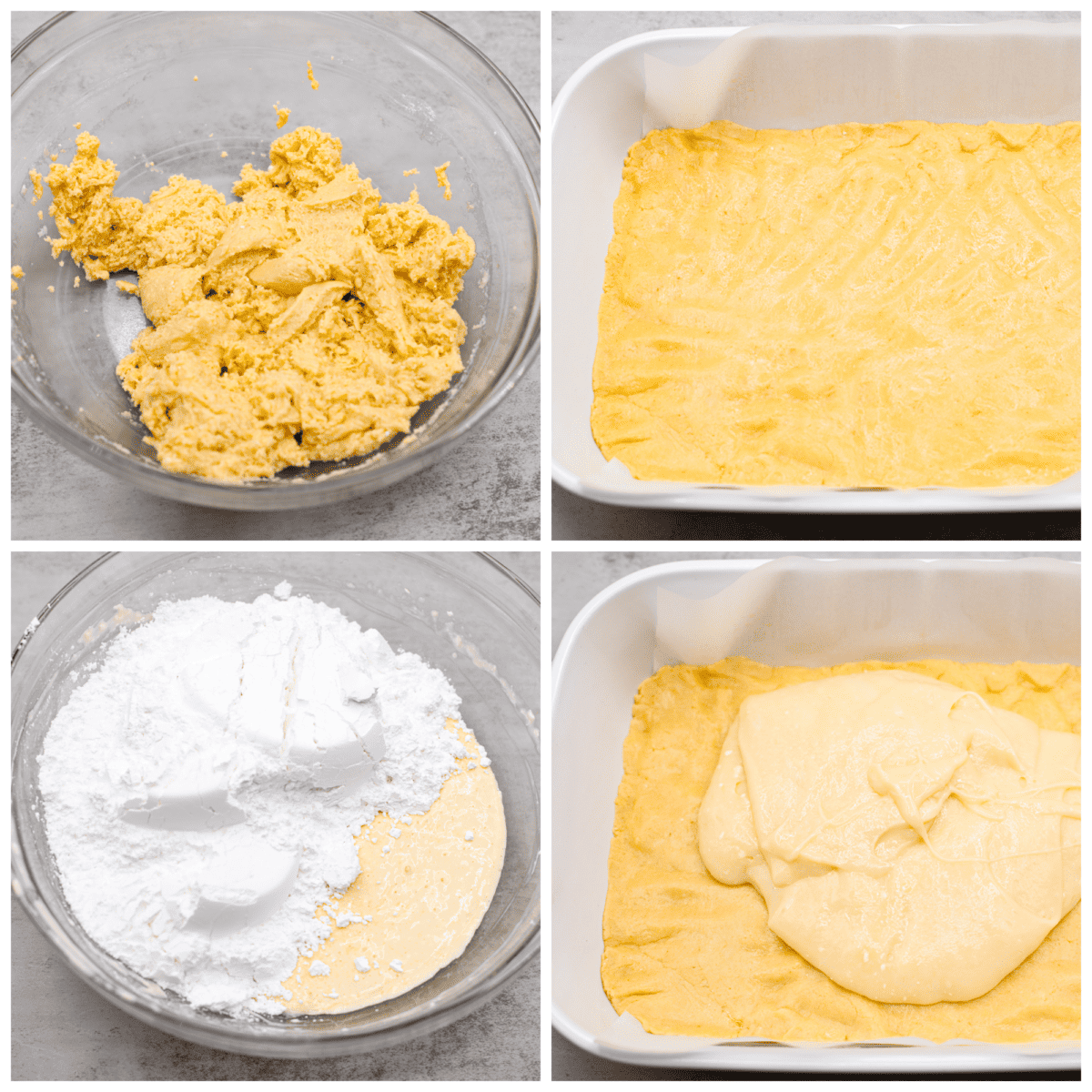 Delicious Gooey Butter Cake is an easy dessert that has a buttery cake crust and a gooey cream cheese topping. Finish with a dusting of powdered sugar for an absolutely incredible treat! Only 7 ingredients and just 15 minutes of hands-on time are required! It's perfect for any occasion and will be the star of your next gathering! 4-photo collage of the cake batter and topping being prepared.