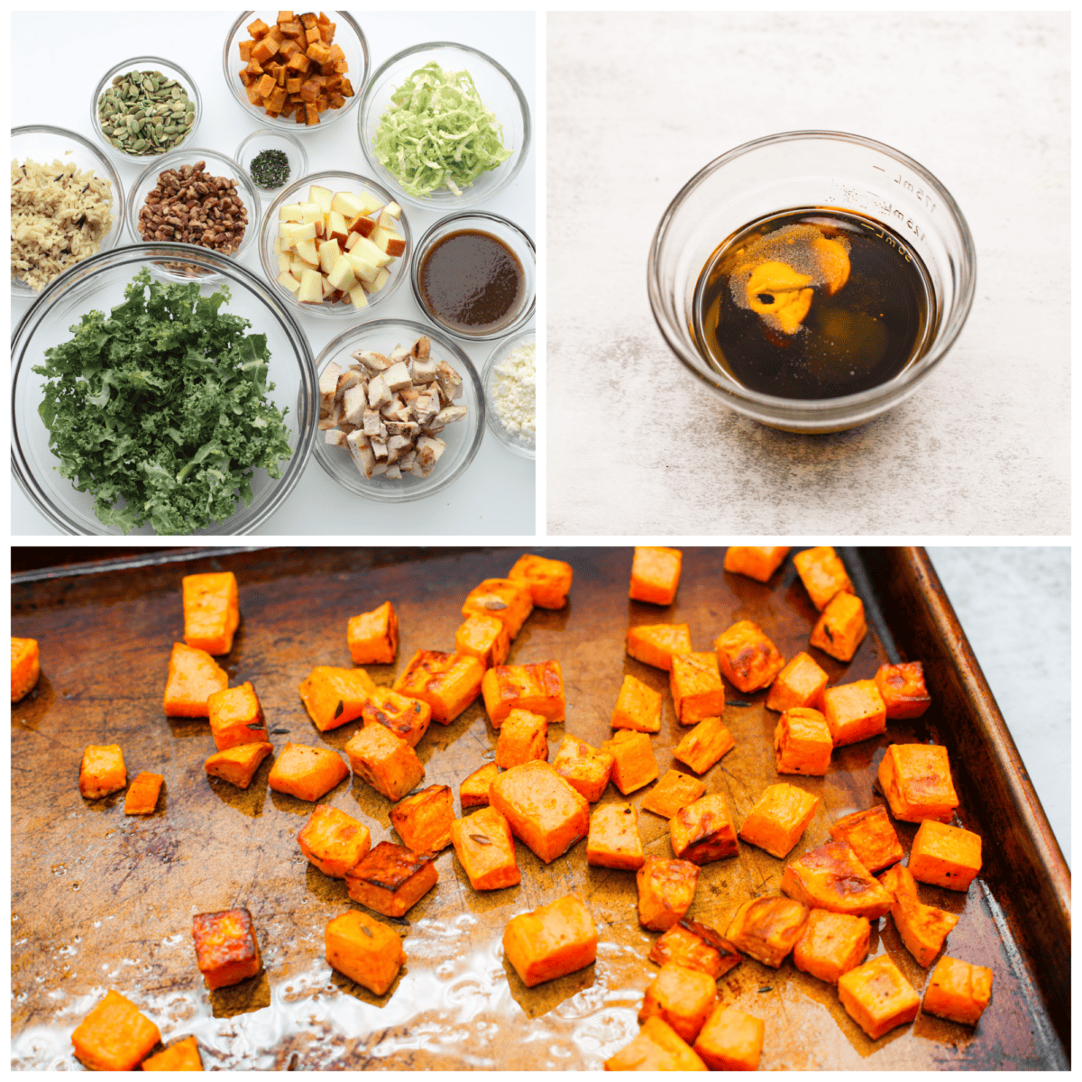This gorgeous Harvest Bowl has all the most delicious flavors of fall packed in one easy salad. It’s filled with creamy sweet potatoes, kale, Brussels sprouts, wild rice, grilled chicken, sweet apple, cheese, crunchy candied pecans, and pepitas with the best balsamic vinaigrette dressing. You'll be craving it all season long! 3-photo collage of the mix-ins and dressing for a harvest bowl all being prepared.
