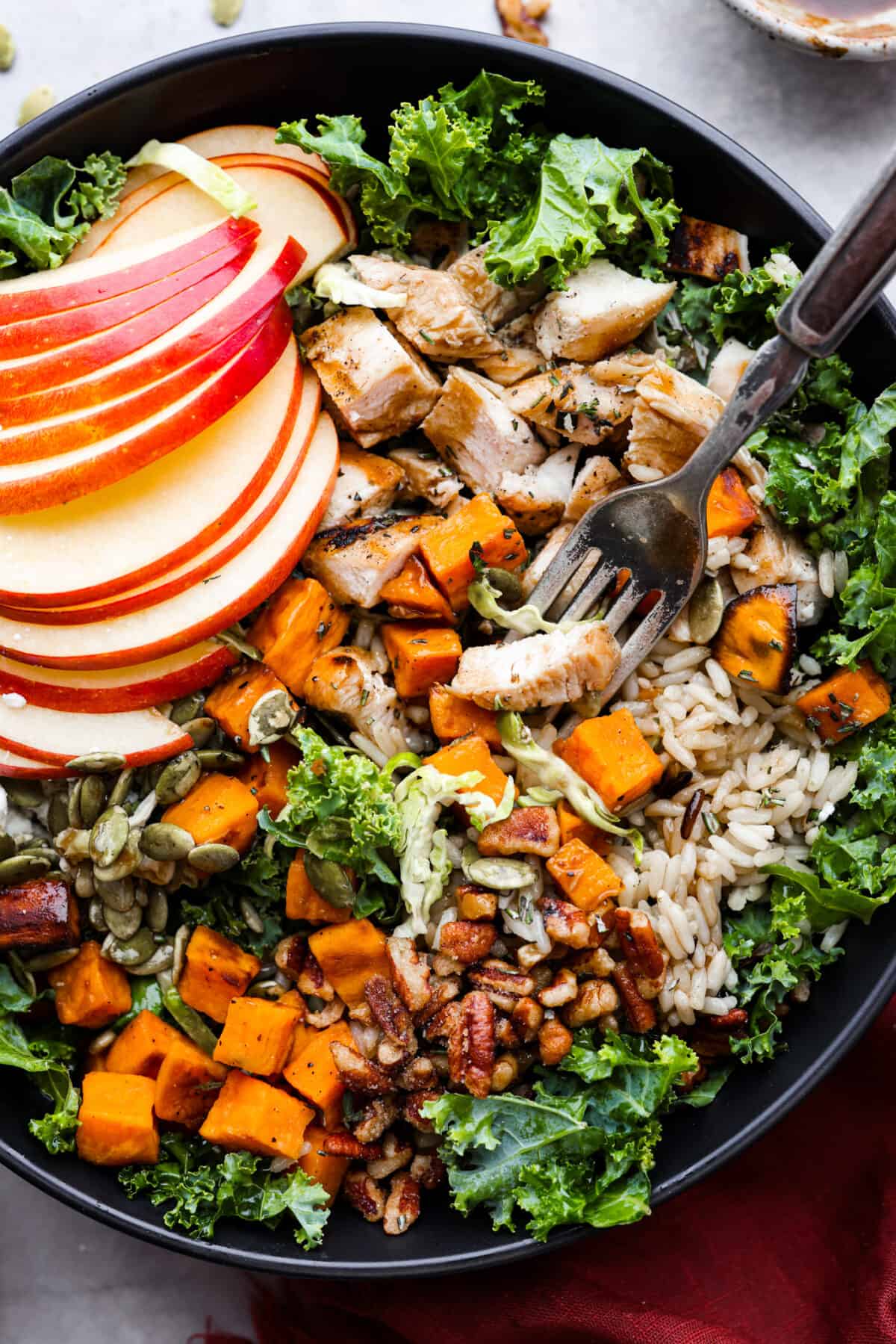 This gorgeous Harvest Bowl has all the most delicious flavors of fall packed in one easy salad. It’s filled with creamy sweet potatoes, kale, Brussels sprouts, wild rice, grilled chicken, sweet apple, cheese, crunchy candied pecans, and pepitas with the best balsamic vinaigrette dressing. You'll be craving it all season long! Taking a bite of chicken, greens, sweet potatoes, and rice with a metal fork.