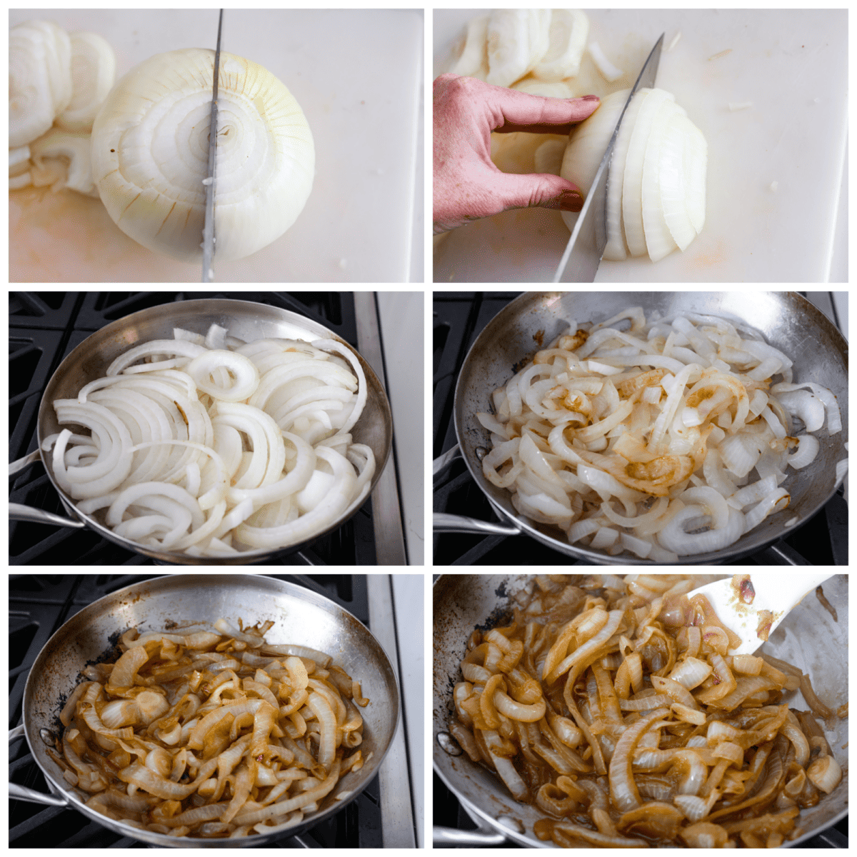 Knowing how to make caramelized onions is one of the best kitchen skills for a home chef to learn! Onions, salted butter and water is all you need to have the most rich, sweet and savory ingredient to bring complex flavor to everything from pizza and pasta to burgers and fajitas. 6-photo collage of the onions being cut, added to a pan, and cooked until tender.