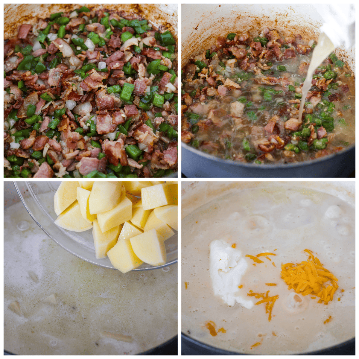 A classic appetizer made into a hearty soup! Creamy, cheesy, and packed with potatoes, jalapenos, and bacon, this jalapeno popper soup is the perfect comfort food for lower temperatures. 4-photo collage of the jalapeno popper soup being prepared, step-by-step.