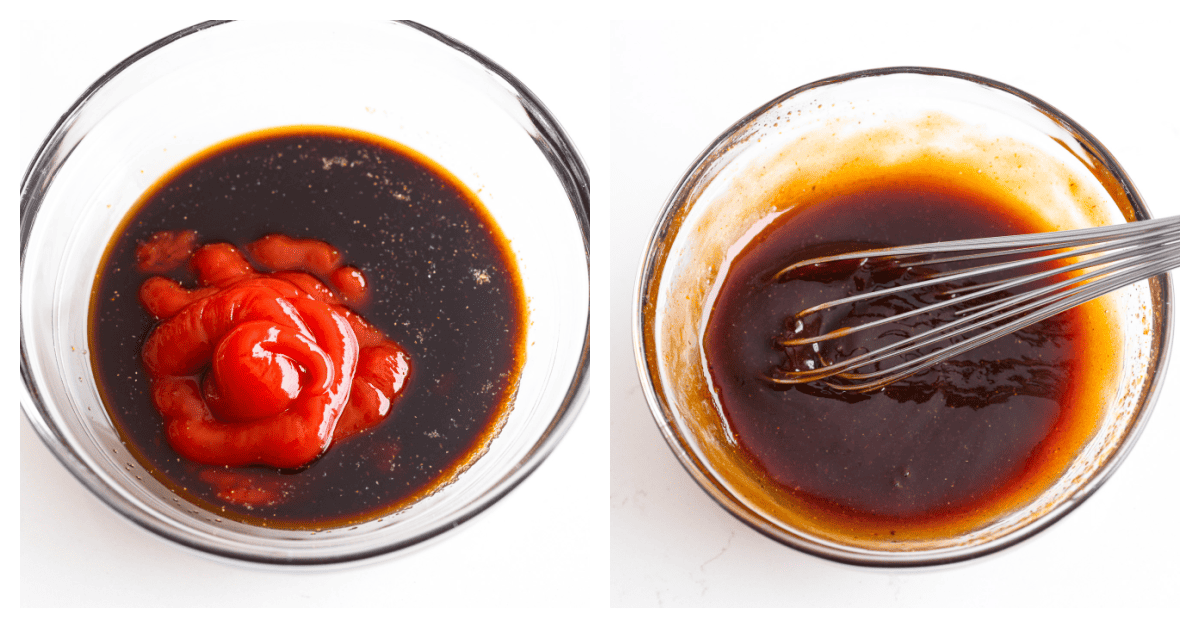 Katsu sauce is a thick and glossy ketchup-based sauce that's perfect for dipping fried foods in! A staple in Japanese and Hawaiian cuisine, you're going to love having this on hand in your kitchen. A 2-photo collage of ketchup, Worcestershire sauce, oyster sauce, garlic, and onion being mixed together until it's smooth and glossy.