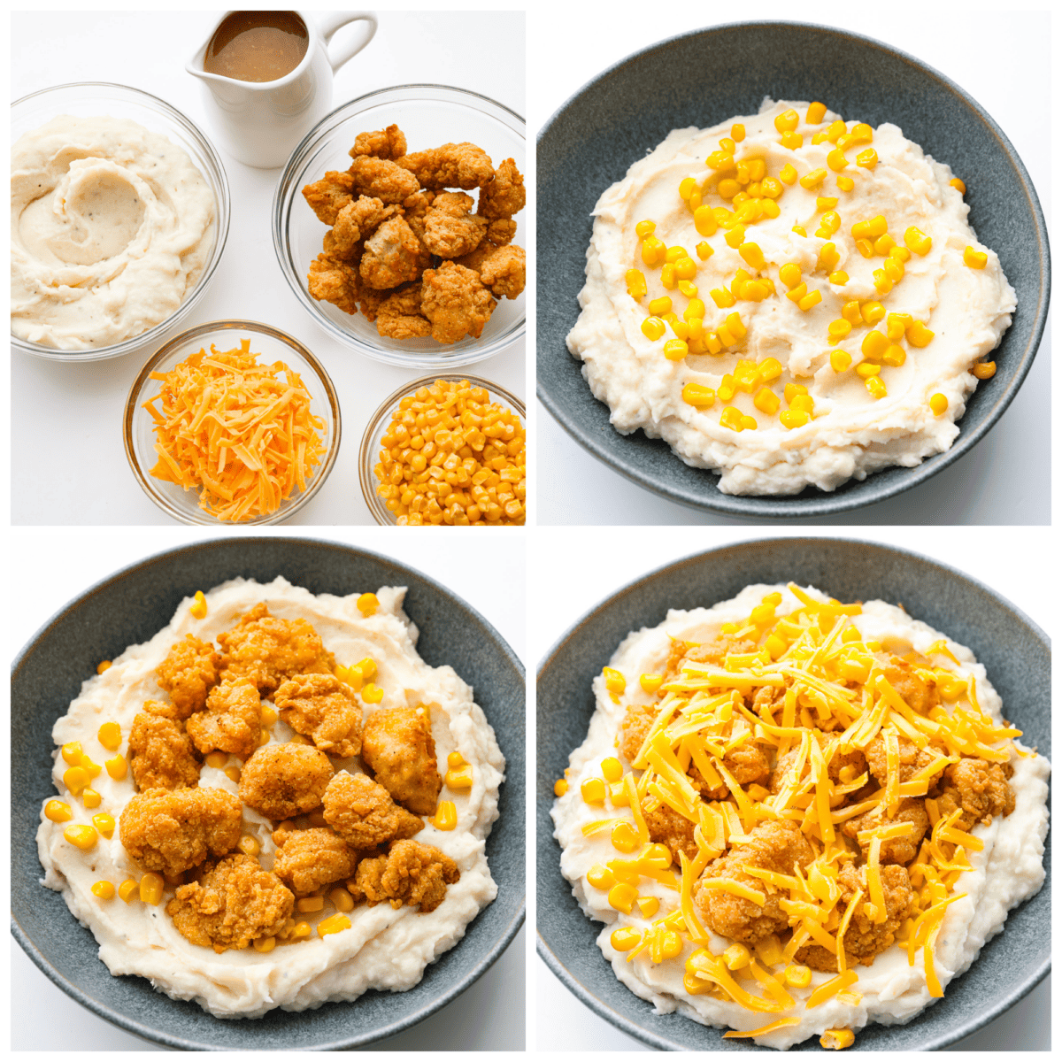 This irresistible copycat KFC Famous Bowl is super quick and easy to make at home and tastes even better than the fast food classic. It's a warm & comforting dinner that the whole family will enjoy! 4-photo collage of a copycat KFC Famous Bowl being put together.