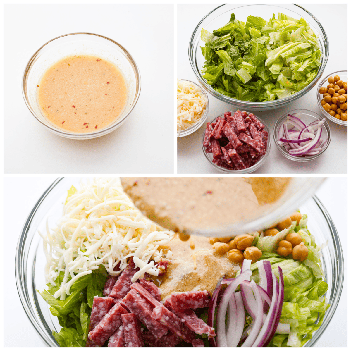 Fresh and flavorful, La Scala Salad is a copycat recipe of the famous Italian chopped salad served at La Scala restaurant in Beverly Hills. Rumor has it, Kim Kardashian orders this salad often, and for good reason! It's packed with delicious ingredients and crunchy texture, thanks to the chickpeas, salami, mozzarella cheese, and a zesty red wine vinaigrette. 3-photo collage of the dressing and salad ingredients being prepared.