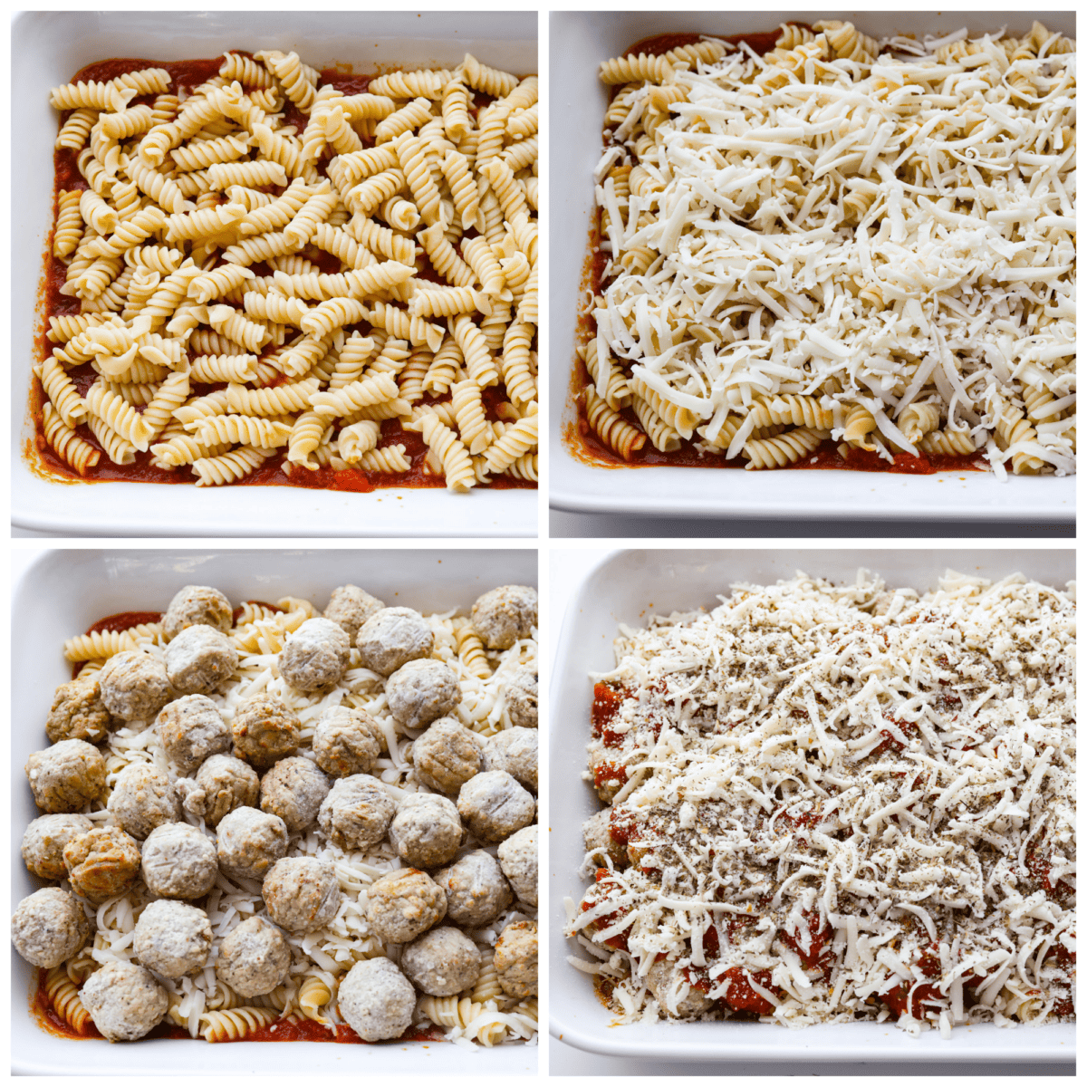 With just one dish to wash and a handful of simple ingredients, you can treat your entire family to this hearty meatball casserole. It has tender meatballs nestled in a bed of rotini pasta, smothered in marinara sauce, and topped with gooey mozzarella and parmesan cheese. 4-photo collage of frozen meatballs, cooked pasta, and cheese being added to a casserole dish.