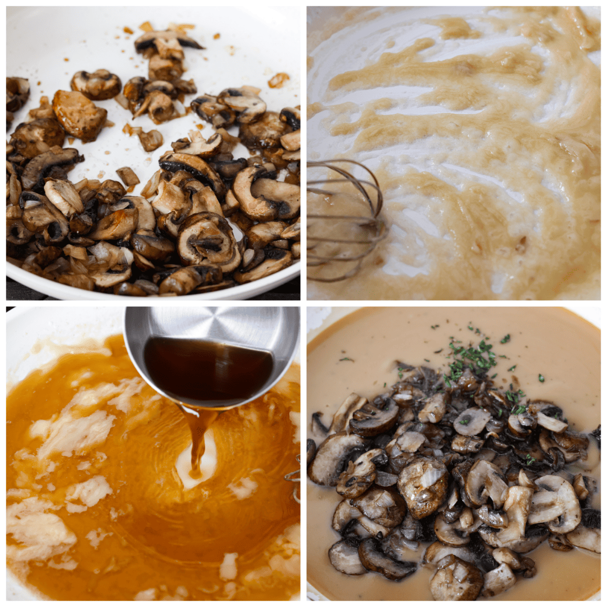 Savory Mushroom Gravyย is rich, flavorful, and the perfect topping for steak, pork, chicken, or mashed potatoes. It's easy to make and ready in just 20 minutes! 4-photo collage of the gravy ingredients being mixed together.