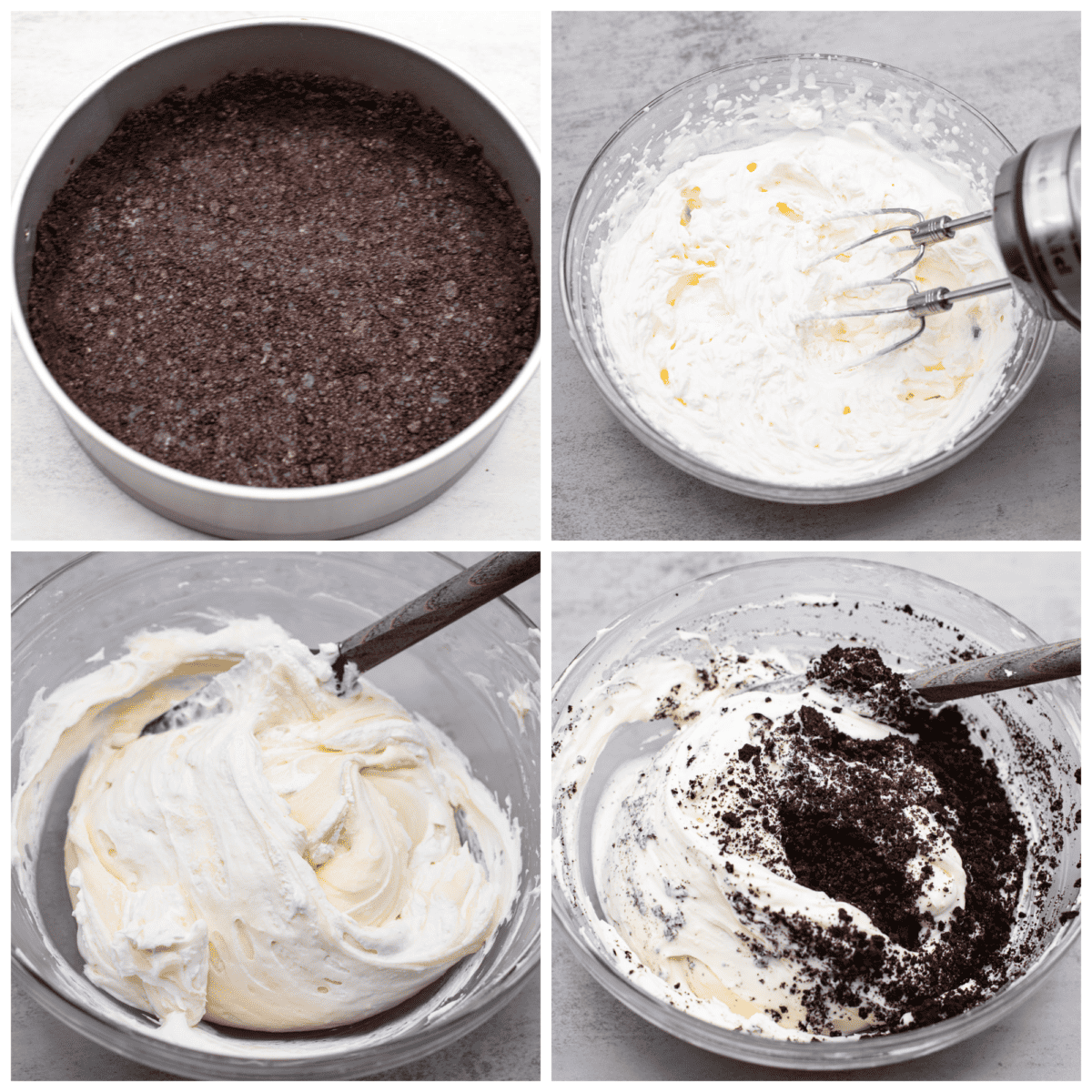 Indulge in pure dessert delight with this no-bake Oreo cheesecake! It has a creamy filling packed with crushed Oreos on a crust made of even more Oreos—talk about dreamy! And the best part? It's a breeze to whip up, no need to turn on your oven! 4-photo collage of the crust and cheesecake filling being prepared.