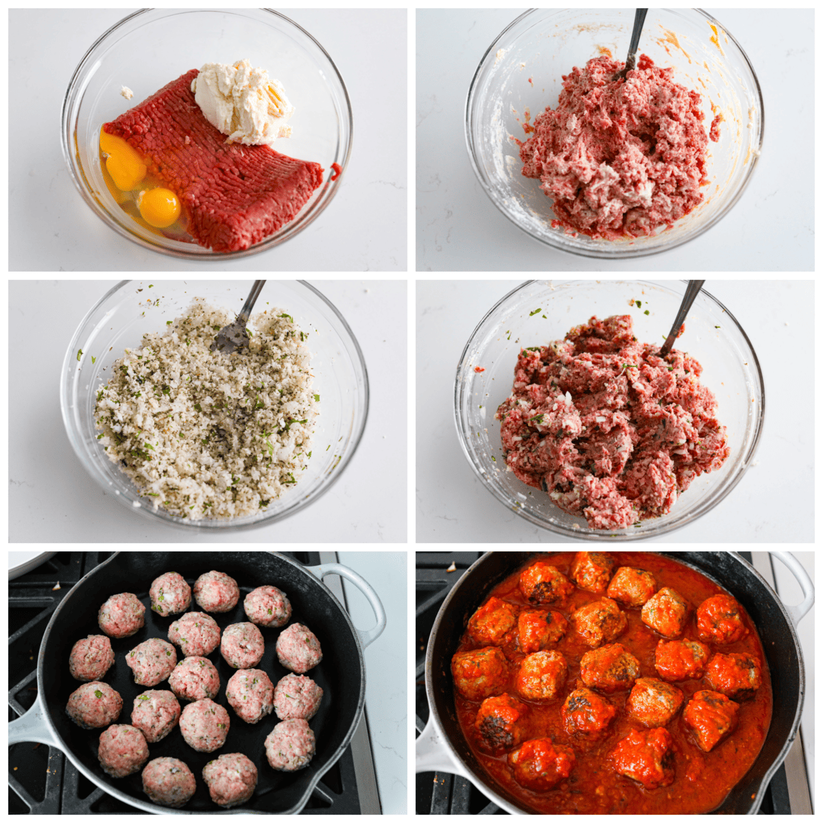 Level up your meatball game with the addition of ricotta cheese! These ricotta meatballs have the creamiest texture and turn out extra tender and juicy. The flavors are incredible and your family will beg you to make these every week! First photo of meat, ricotta, and eggs in a bowl. Second photo meat mixture combined. Third photo of the breadcrumb mixture combined. Fourth photo of meat and breadcrumb mixture combined. Fifth photo of meatballs browning in a skillet. Sixth photo of meatballs in a skillet with marinara sauce.