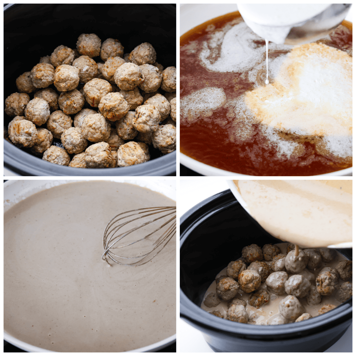 Slow cooker Swedish meatballs are braised in a rich and flavorful cream sauce. Combining ground beef, pork, and warm spices makes for the most comforting and satisfying meal. Serve as an appetizer or hearty meal. Set of 4 process shots with meatballs in a slow cooker and sauce simmering in a pot.