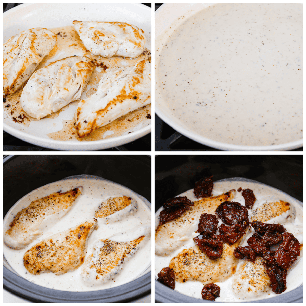 An amazing Tuscan dish made easy in the slow cooker! This Crock Pot Marry Me Chicken is slow cooked to tender perfection and smothered in a creamy, savory sauce made with sun-dried tomatoes and parmesan cheese. The perfect way to win anyone over! 4-photo collage of the chicken being seared and then covered in a creamy sun-dried tomato sauce.