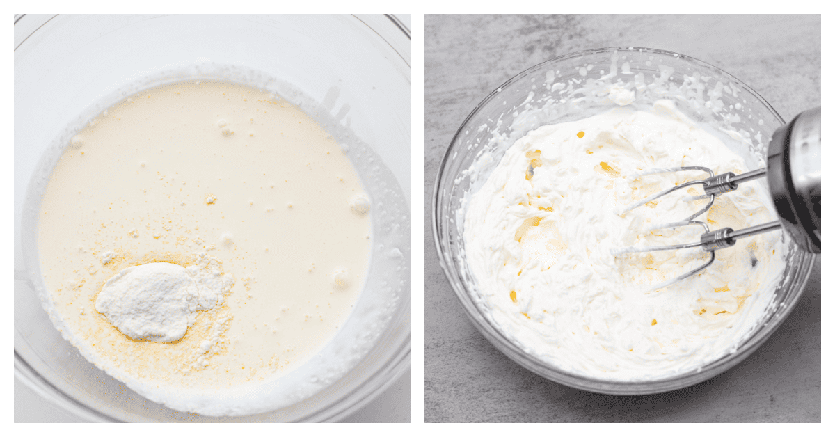 Stabilized whipped cream is fluffy and sturdy enough to keep its shape! Thicker than regular whipped cream, it's perfect for piping and frosting desserts. It's way better than Cool Whip! First photo of the cream, powdered sugar, and pudding powder in a glass bowl. Second photo of a hand mixer whipping the cream.