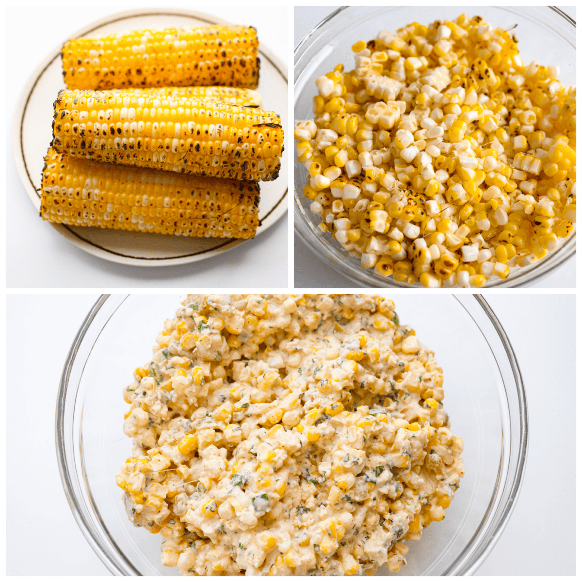 Dive into the irresistible taste of Mexican street corn with this easy-to-make dip. Charred corn, green chilies, spices, and creamy mayo blend perfectly for a delicious appetizer for any occasion! 3 pictures showing corn in a glass bowl.