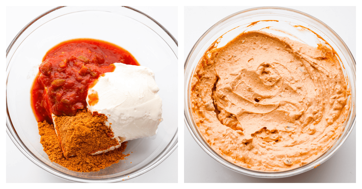 Taco dip takes all the tasty flavor of tacos and turns it into a creamy, zesty, easy-to-eat appetizer. Whip this up in 5 minutes with just 4 key ingredients. It is so deliciously addicting and will be the star of the party!ย 2-photo collage of the ingredients being mixed together.
