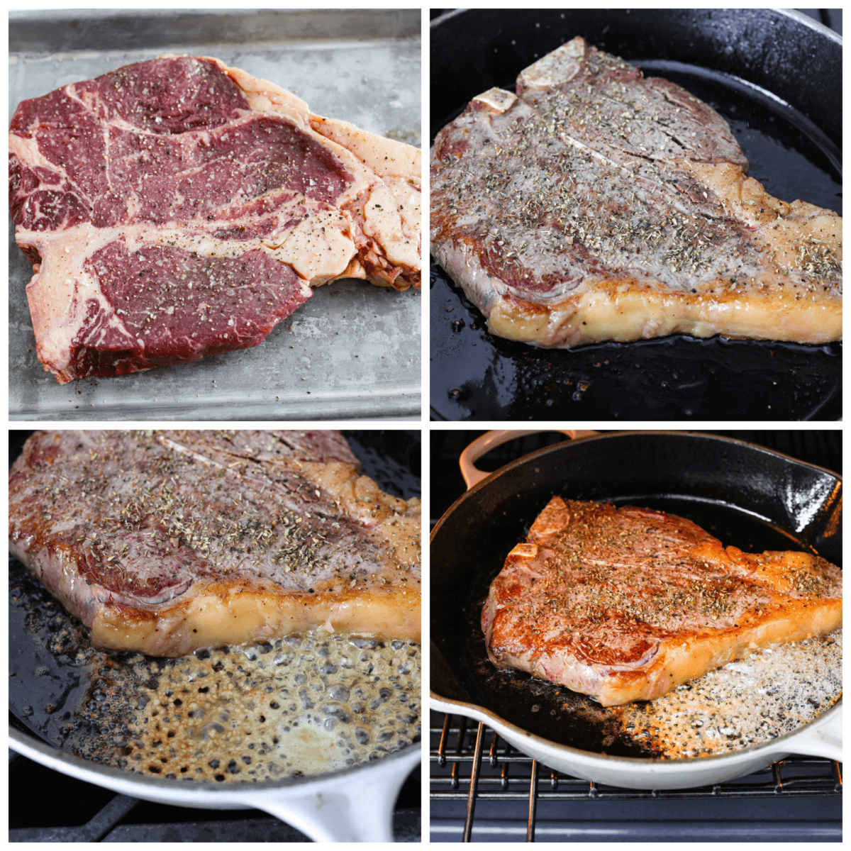Indulge in the ultimate T-bone steak experience with this recipe! It takes an already awesome cut of meat and cooks it to perfection. The mix of olive oil, spices, and a hot skillet gives you a beautifully seared crust. Top it off with some garlic butter and fresh herbs, then you have the perfect meal ready for any occasion! 4-photo collage of the steak being seasoned and cooked.