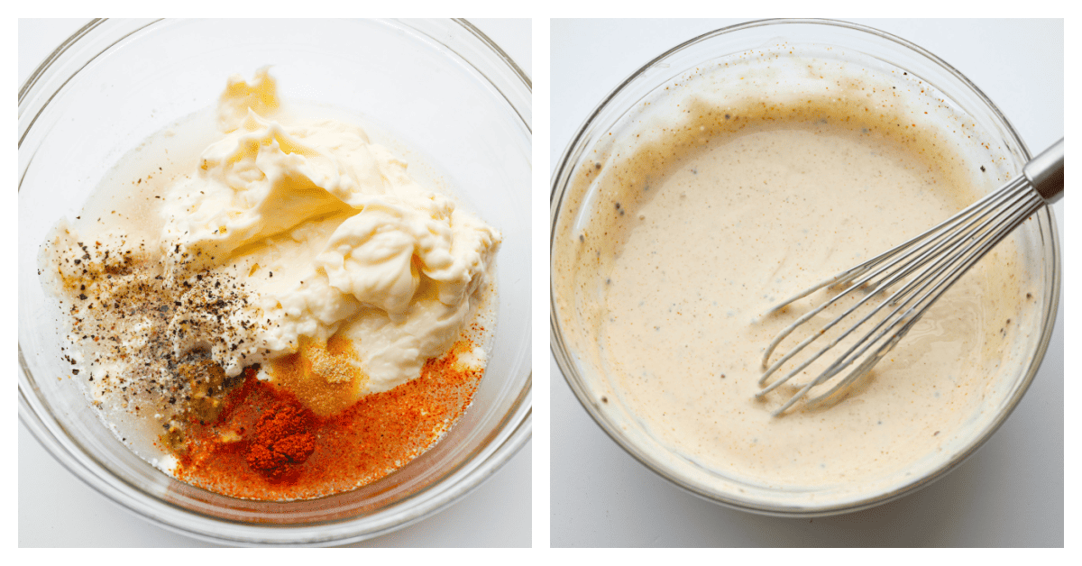 Explore the taste of the South with this easy White BBQ Sauce recipe. With just a handful of ingredients, including mayonnaise, vinegar, and spices, this creamy and tangy sauce adds a flavorful twist to your favorite veggies, fries, or chicken! 2 pictures showing how to mix ingredients in a glass bowl with a whisk.