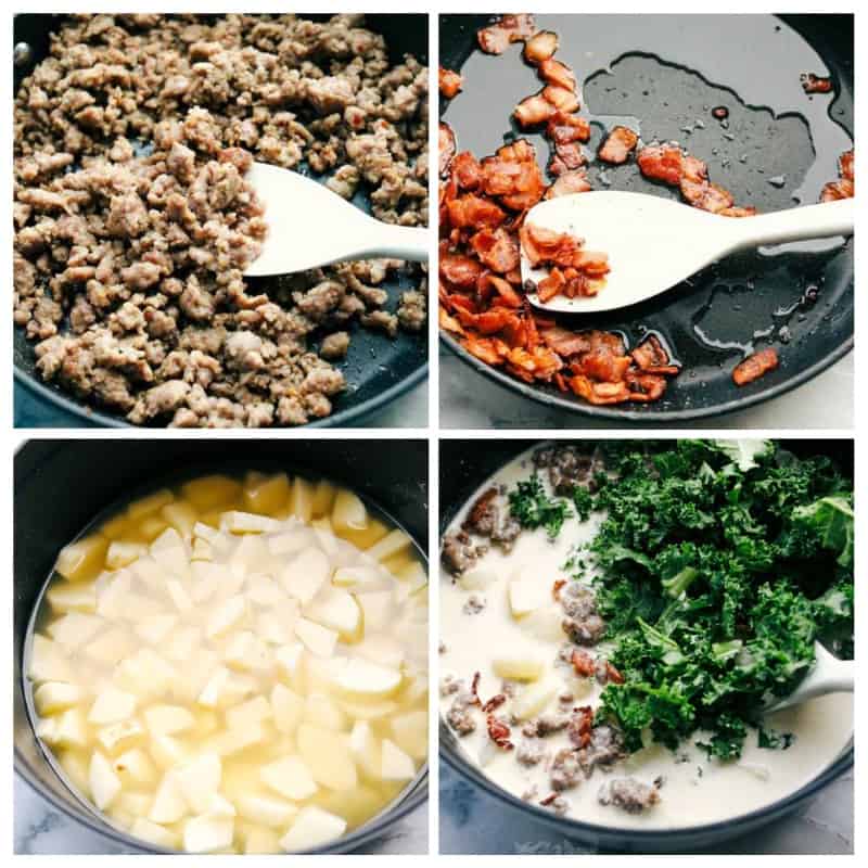 Creamy Zuppa Toscana is a savory Italian soup that is made with potatoes, spicyย sausage, bacon, and kale. It is thick, creamy, and delicious and is a must-make soup this fall! 4 pictures showing step by step how to make creamy Zuppa Toscana soup.