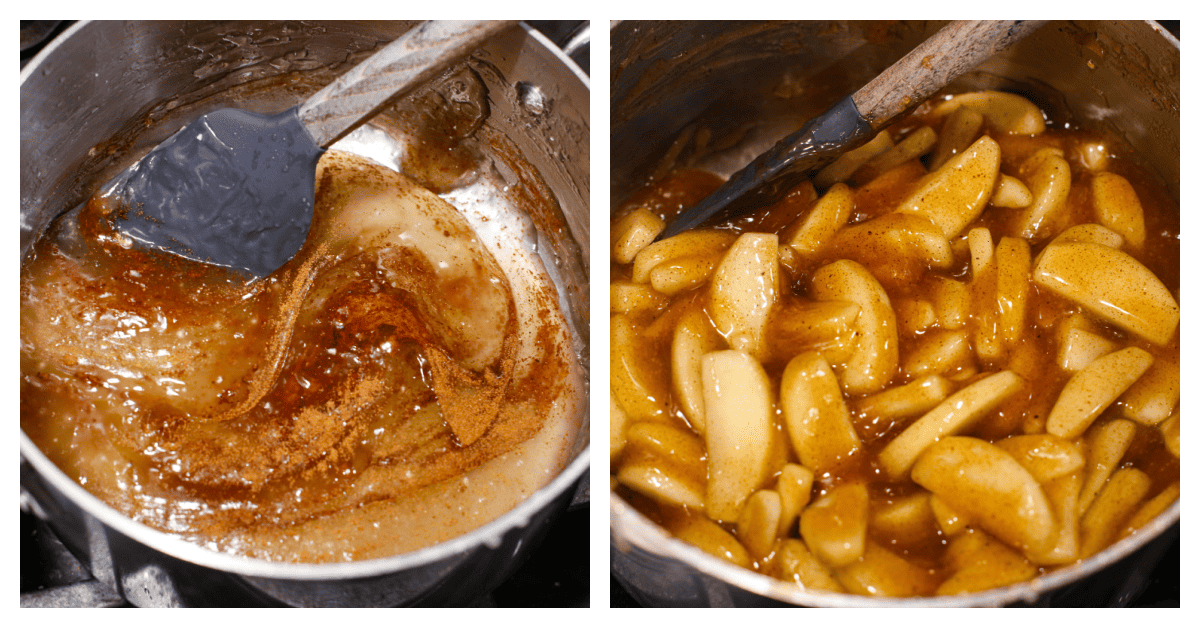 Make your Thanksgiving pies taste even better this year with some fresh apple pie filling! It has the perfect, glossy consistency and tastes absolutely delicious with the added cinnamon and nutmeg. The perfect substitute for canned apple pie filling. Plus, it's easy to freeze for later. 2-photo collage of sliced apples being combined with the sugar, spices and clearjel.