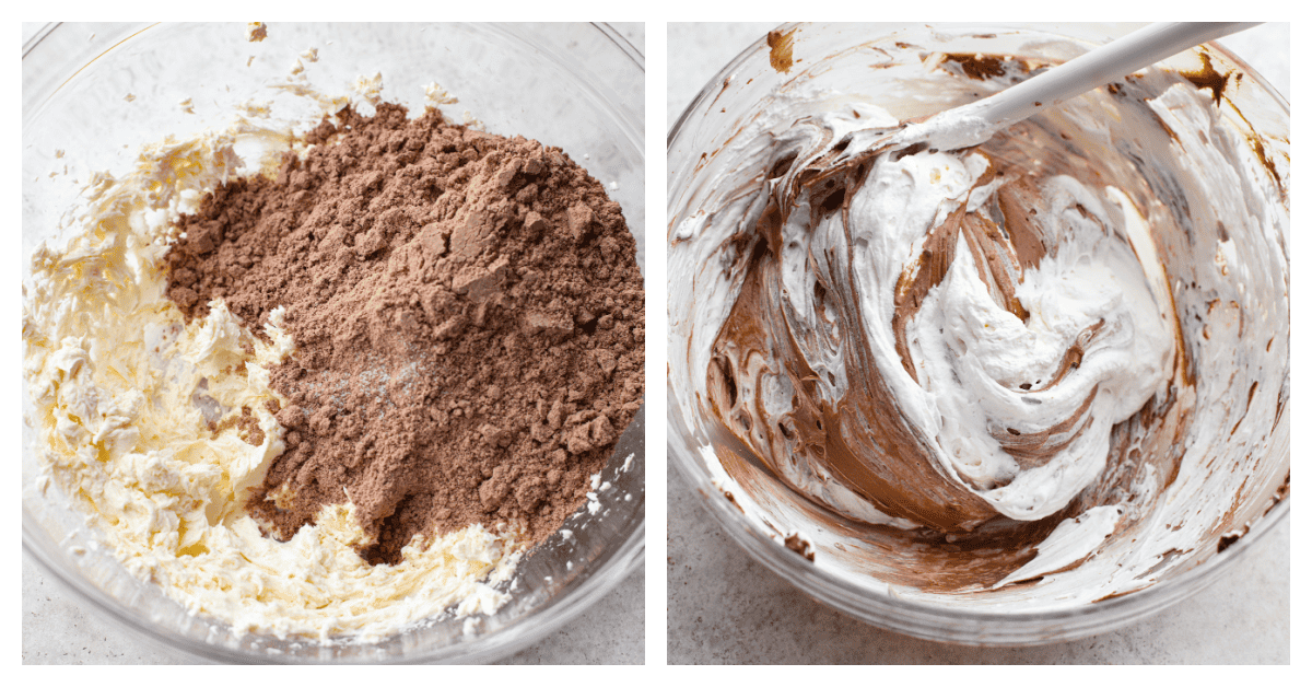 Brownie Batter Dip is an easy, delicious way to get all the brownie flavor without the baking! In this dessert dip recipe, brownie mix, cream cheese, vanilla and whipped topping get combined together for one of the most incredible treats. Serve with cookies, fruit and marshmallows! 2-photo collage of all of the dip ingredients being folded together.
