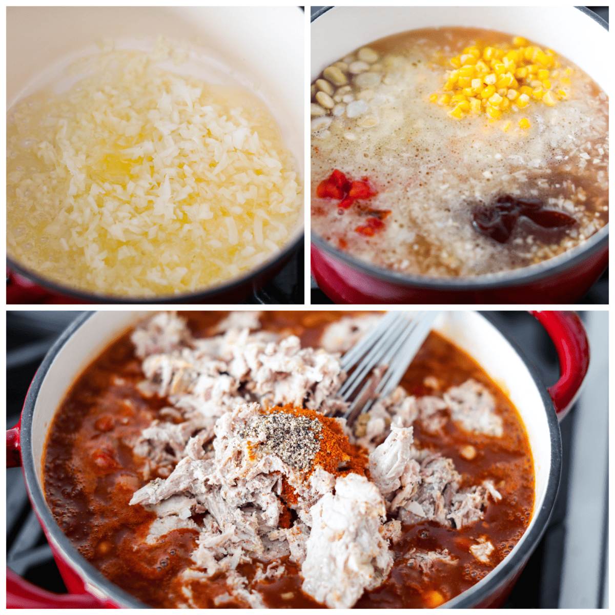 Brunswick stew has sizzling onions, garlic, BBQ sauce, and tender pulled pork all in one pot! Add a bit of cayenne for some zing and sweet corn and lima beans for texture. This combination of ingredients is so hearty and makes the best fall meal! 3-photo collage of all the stew ingredients being mixed together.