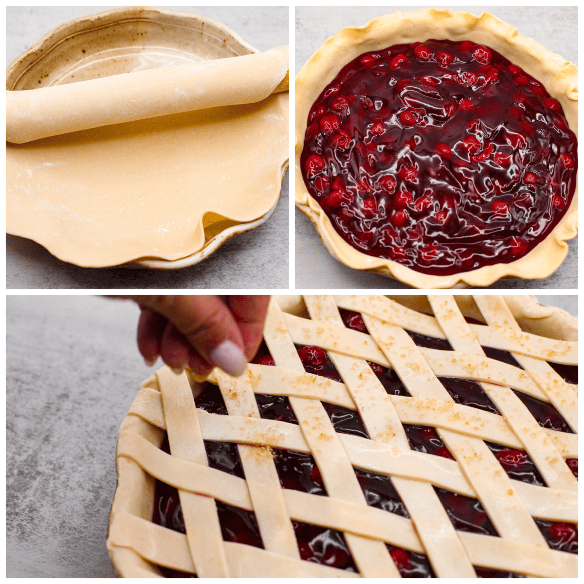 Just in time for Thanksgiving, this easy cherry pie is the perfect addition to your dessert lineup! With a buttery lattice crust and juicy filling, you won't be able to stop after one piece. 3-photo collage of an easy cherry pie being prepared. The crust is added to a pie pan, then filled with cherry filling and topped with a lattice crust.