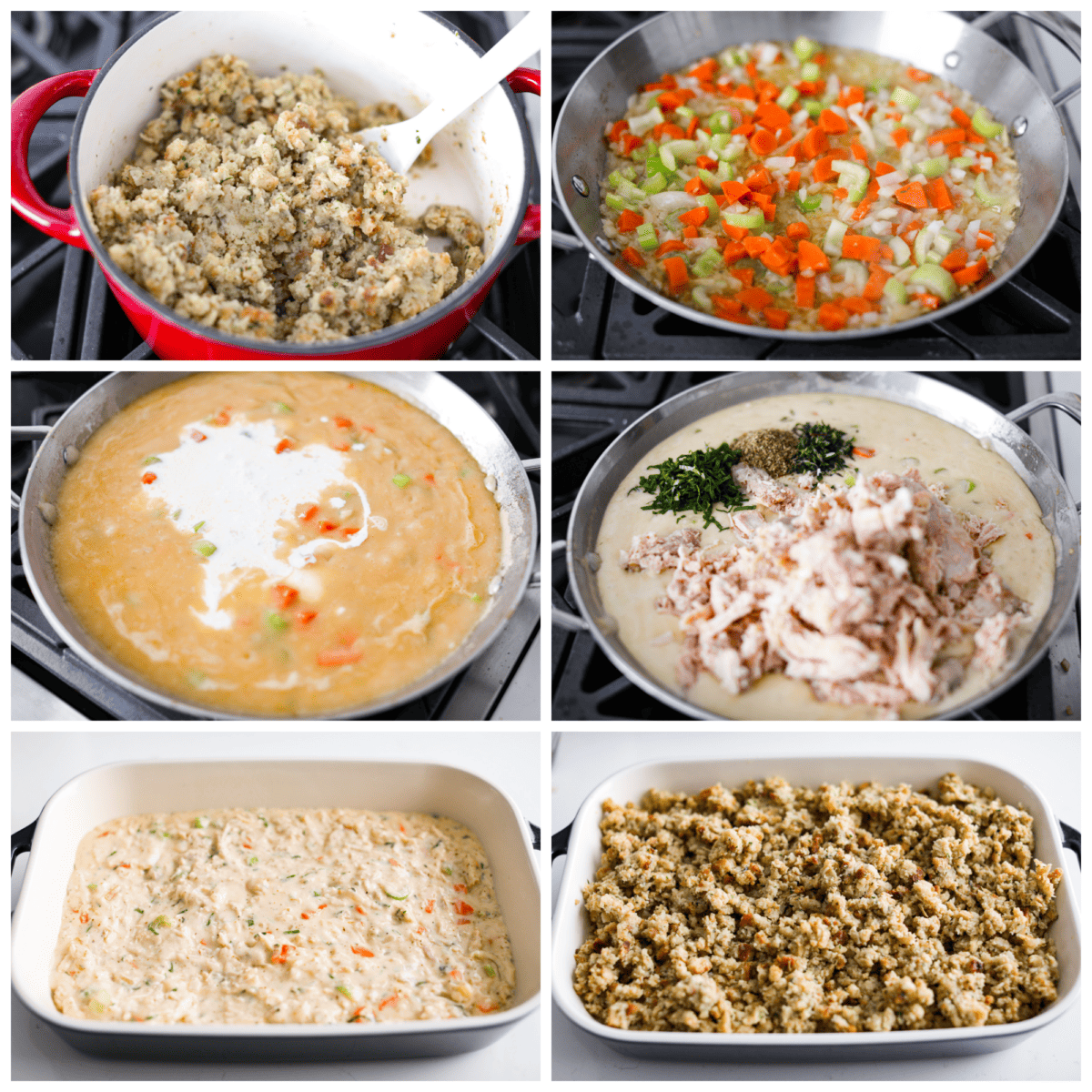 A delicious, hearty casserole made with stuffing mix, shredded chicken, vegetables, and all the tasty seasonings. Chicken and stuffing casserole is a fun twist on a classic dish and the perfect addition to your Thanksgiving lineup! 6-photo collage of the casserole being prepared by making the stuffing and creamy sauce.