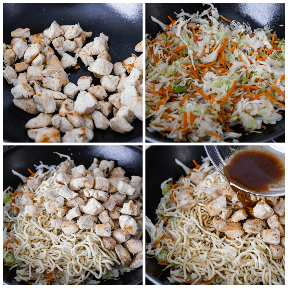 This delicious Chicken Chow Mein is perfect for a quick and easy weeknight meal that your entire family will love! It's made with fresh veggies, noodles, and sautรฉed chicken, tossed in a simple, savory glaze. 4-photo collage of all of the ingredients and sauce being mixed together and stir-fried.