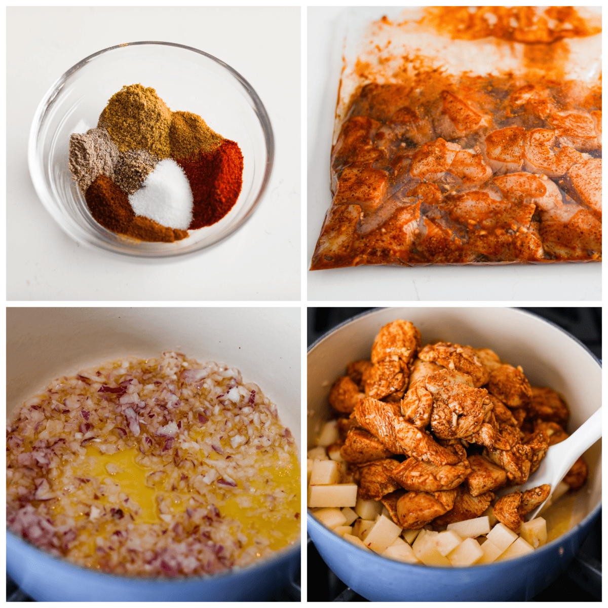 If youโve never had Chicken Vindaloo, youโre in for a treat! This classic Indian dish is made with chunks of marinated chicken and tender potatoes simmered in a tangy, flavorful, and perfectly spiced broth. Serve over fluffy white rice with Perfect Naan Bread for an irresistible, comforting meal! Instant Pot instructions included! 4-photo collage of the chicken being marinated and the curry being prepared.