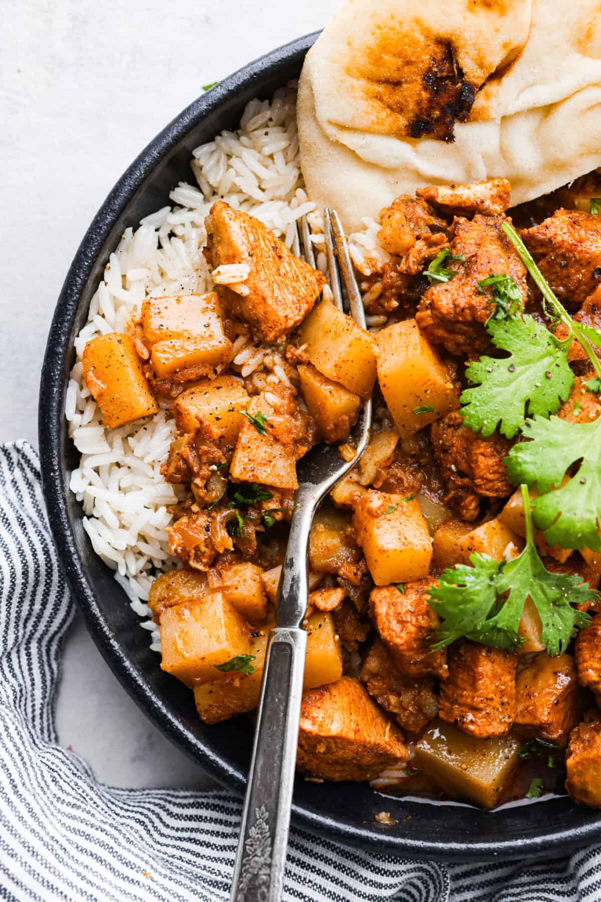 If youโve never had Chicken Vindaloo, youโre in for a treat! This classic Indian dish is made with chunks of marinated chicken and tender potatoes simmered in a tangy, flavorful, and perfectly spiced broth. Serve over fluffy white rice with Perfect Naan Bread for an irresistible, comforting meal! Instant Pot instructions included! A serving of chicken curry with rice and naan.