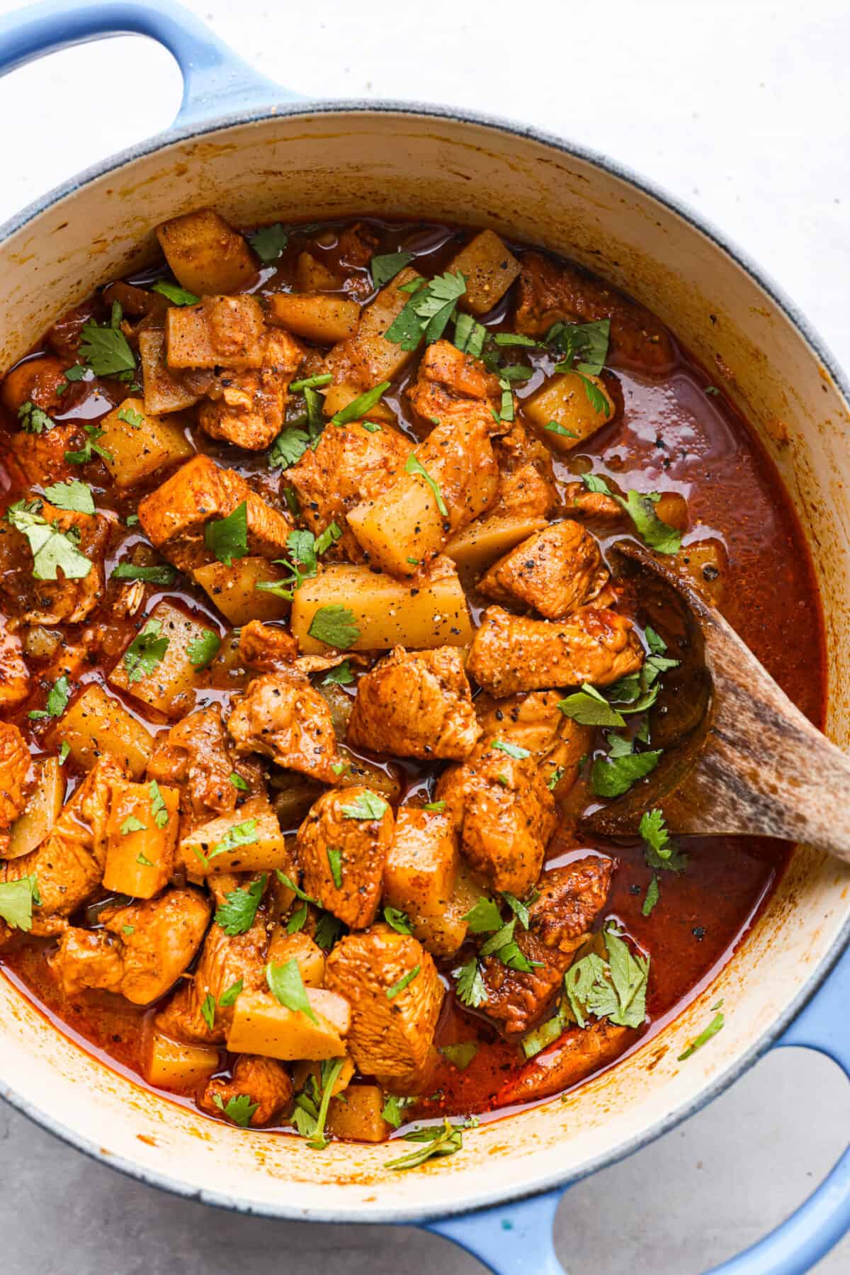 If youโve never had Chicken Vindaloo, youโre in for a treat! This classic Indian dish is made with chunks of marinated chicken and tender potatoes simmered in a tangy, flavorful, and perfectly spiced broth. Serve over fluffy white rice with Perfect Naan Bread for an irresistible, comforting meal! Instant Pot instructions included! Top-down view of chicken vindaloo in a blue and white pot.